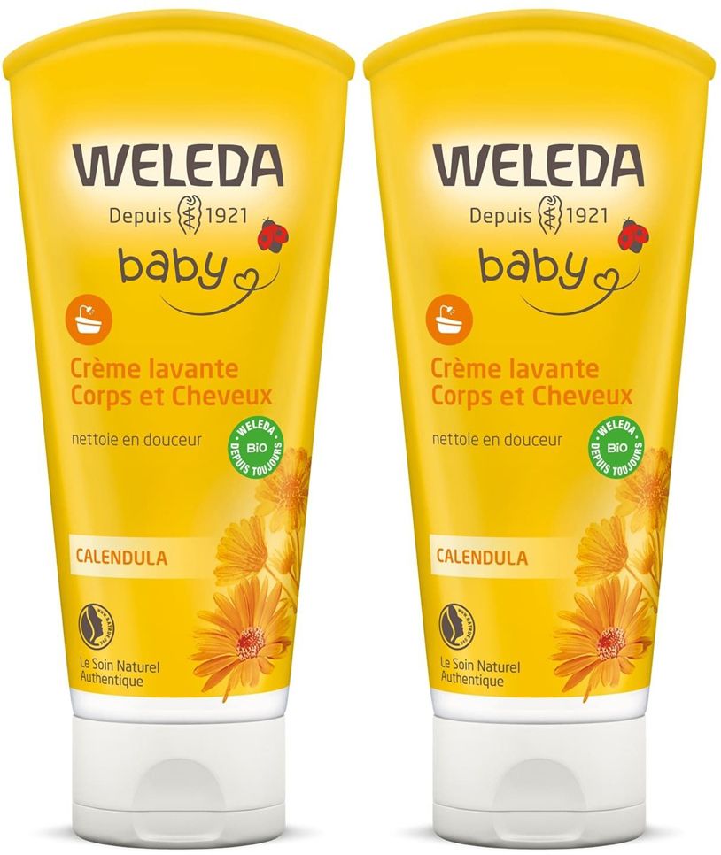 Zwei gelbe Tuben mit Aufschrift WELEDA Baby Crème lavante Corps et Cheveux Calendula. Bio-Siegel.
