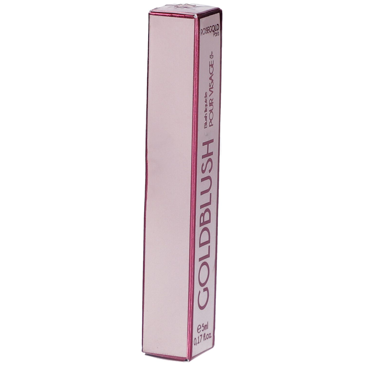 Emballage rose. Nom du produit GOLDBLUSH. Texte: Blush liquide POUR VISAGE. Volume: 5ml.