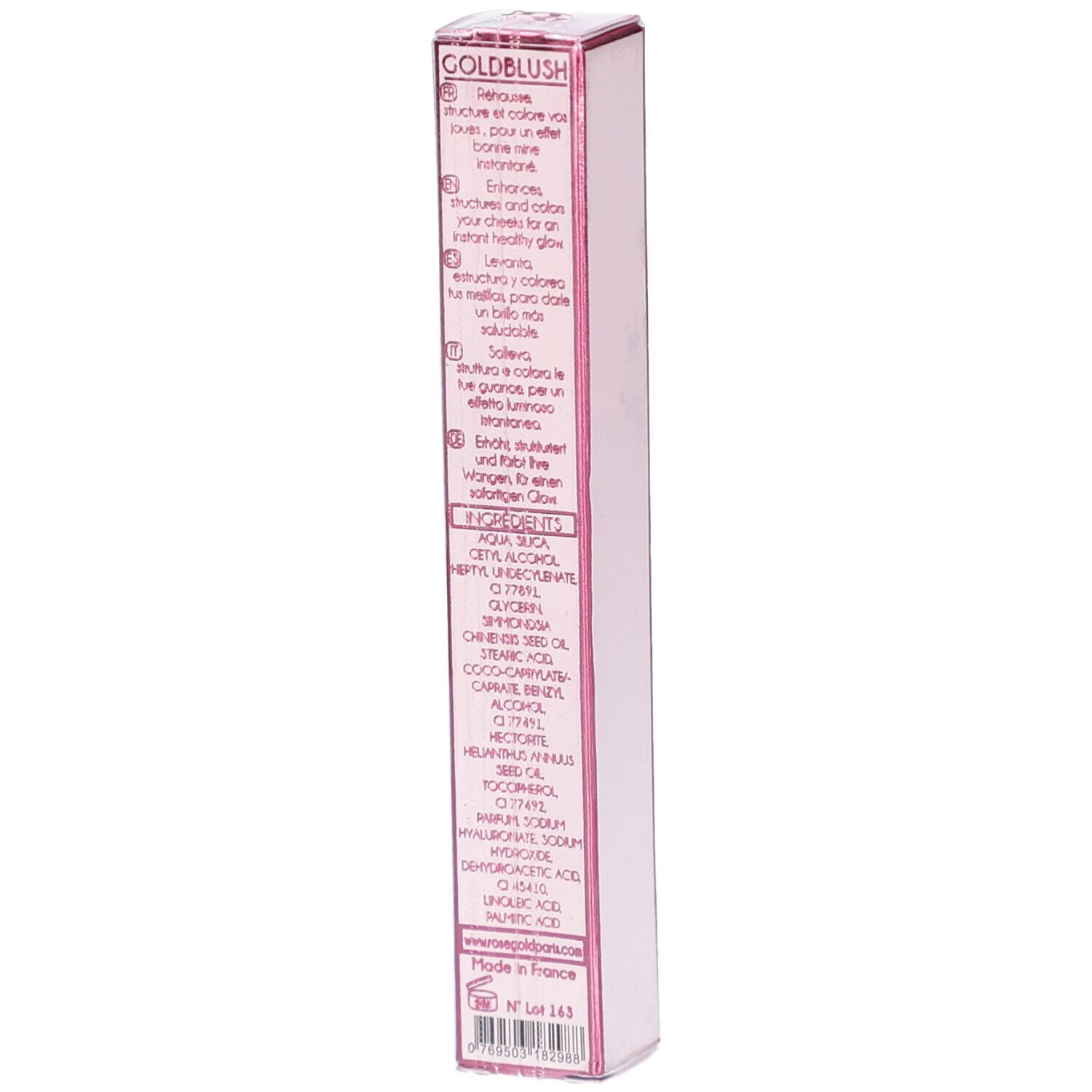 Emballage rose avec ingrédients et instructions. Nom du produit GOLDBLUSH. Texte: Blush liquide POUR VISAGE.