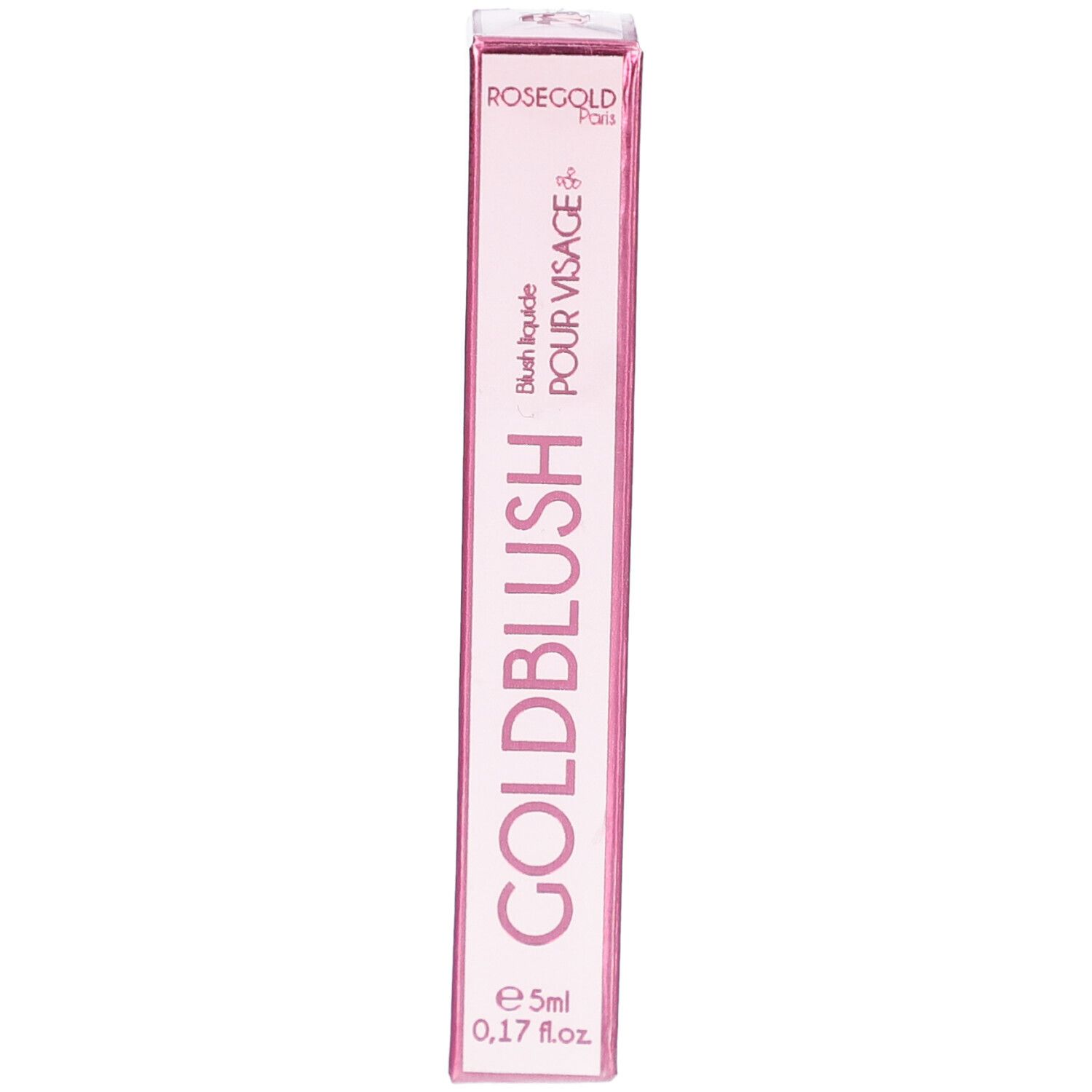 Emballage rose avec le nom du produit GOLDBLUSH. Texte: Blush liquide POUR VISAGE. Volume: 5ml.