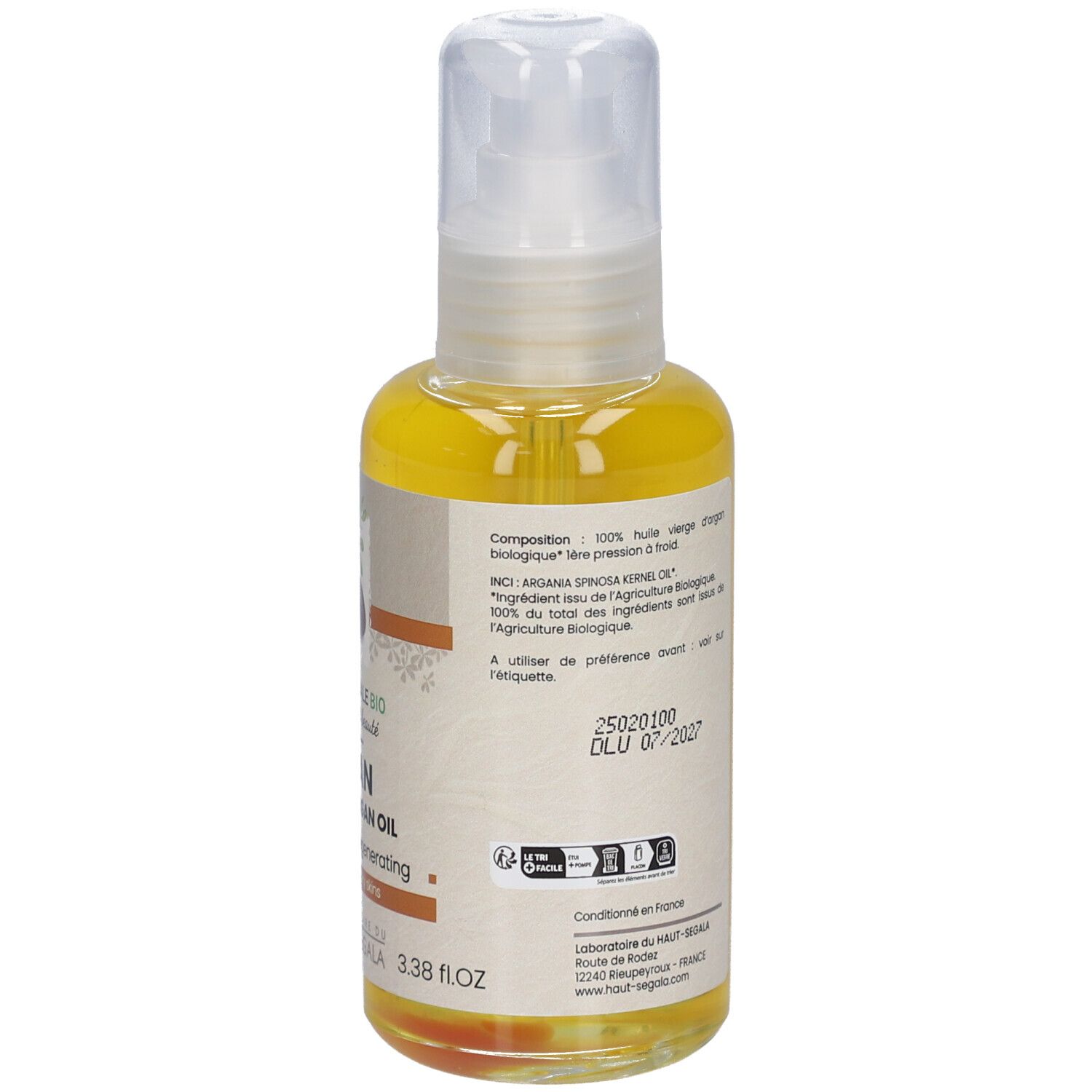 Flacon d'huile d'argan. Dos avec texte. Certification Bio. 100 ml. Date de péremption. Ingrédients.