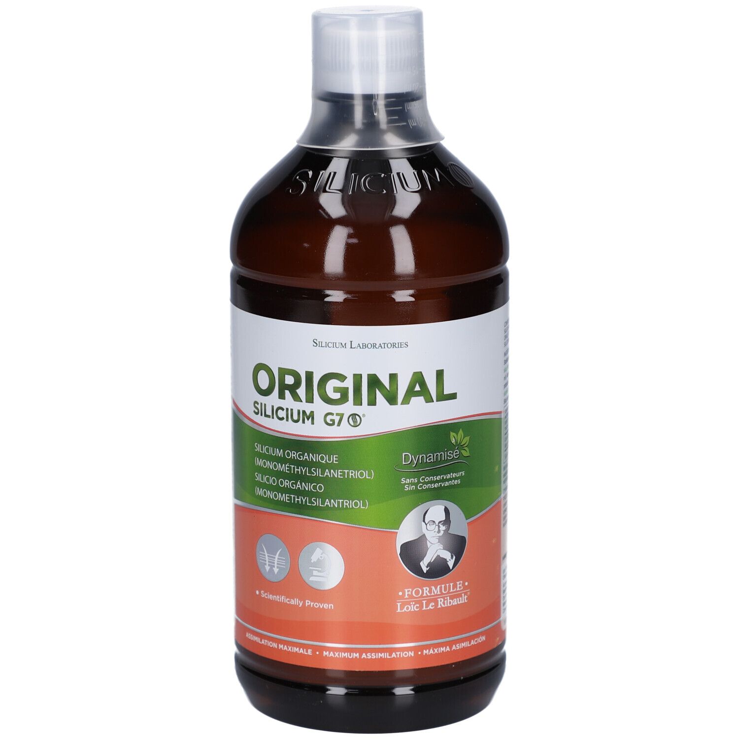 Bouteille marron avec bouchon blanc. Inscription: ORIGINAL SILICIUM G7. Étiquette avec informations et logo du produit.