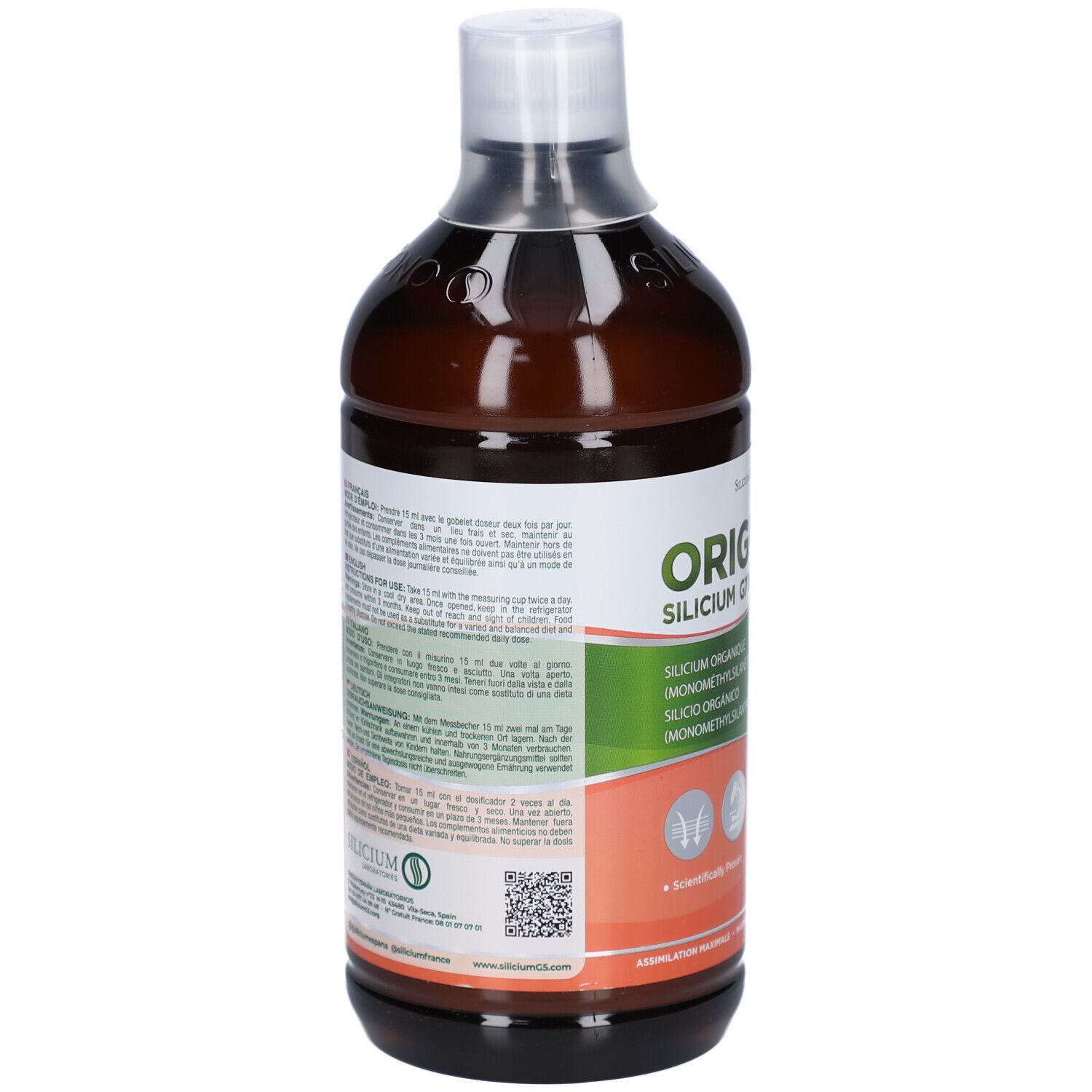 Dos de la bouteille marron avec bouchon blanc. Étiquette avec texte multilingue et code QR.