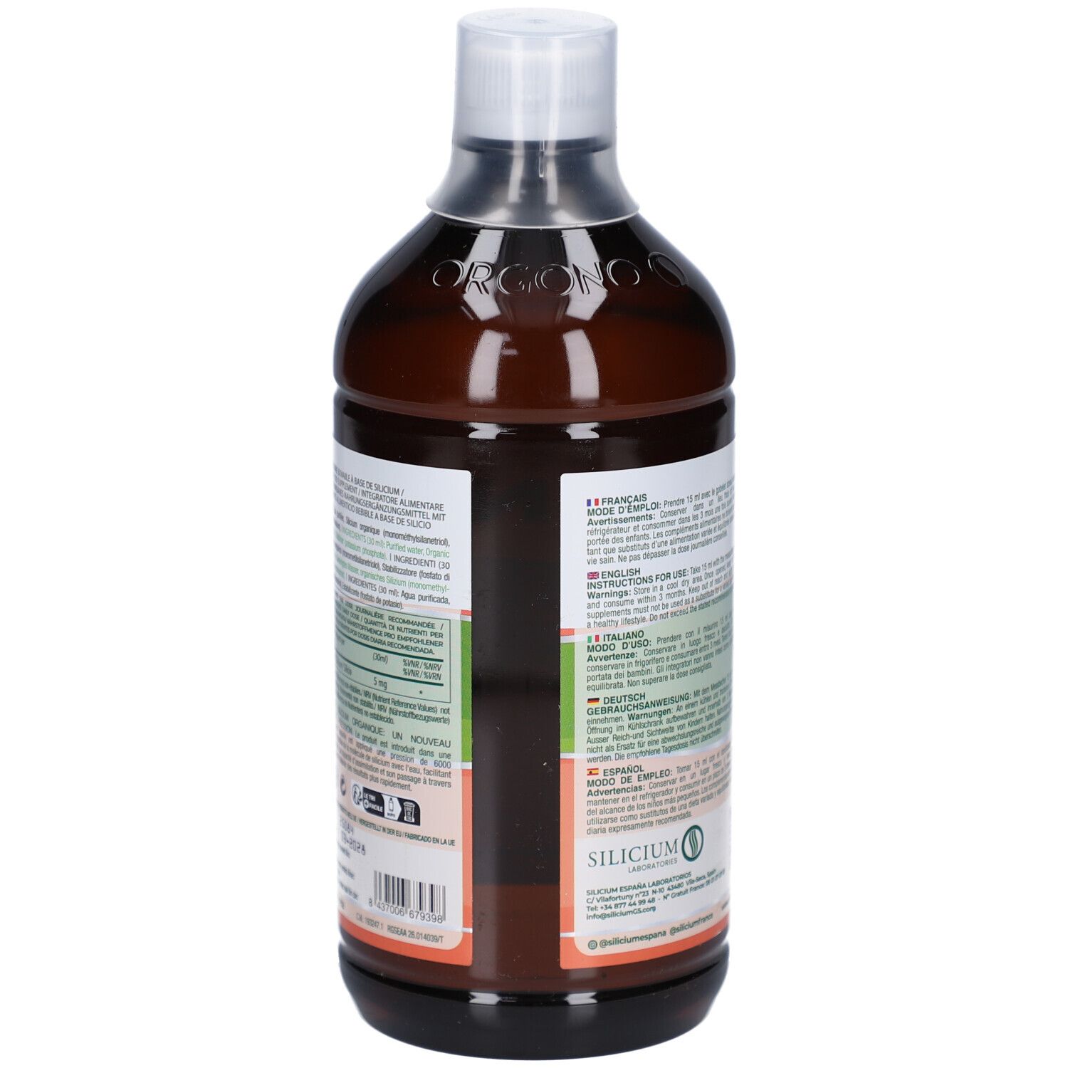 Dos de la bouteille marron avec bouchon blanc. Étiquette avec texte multilingue et logo.