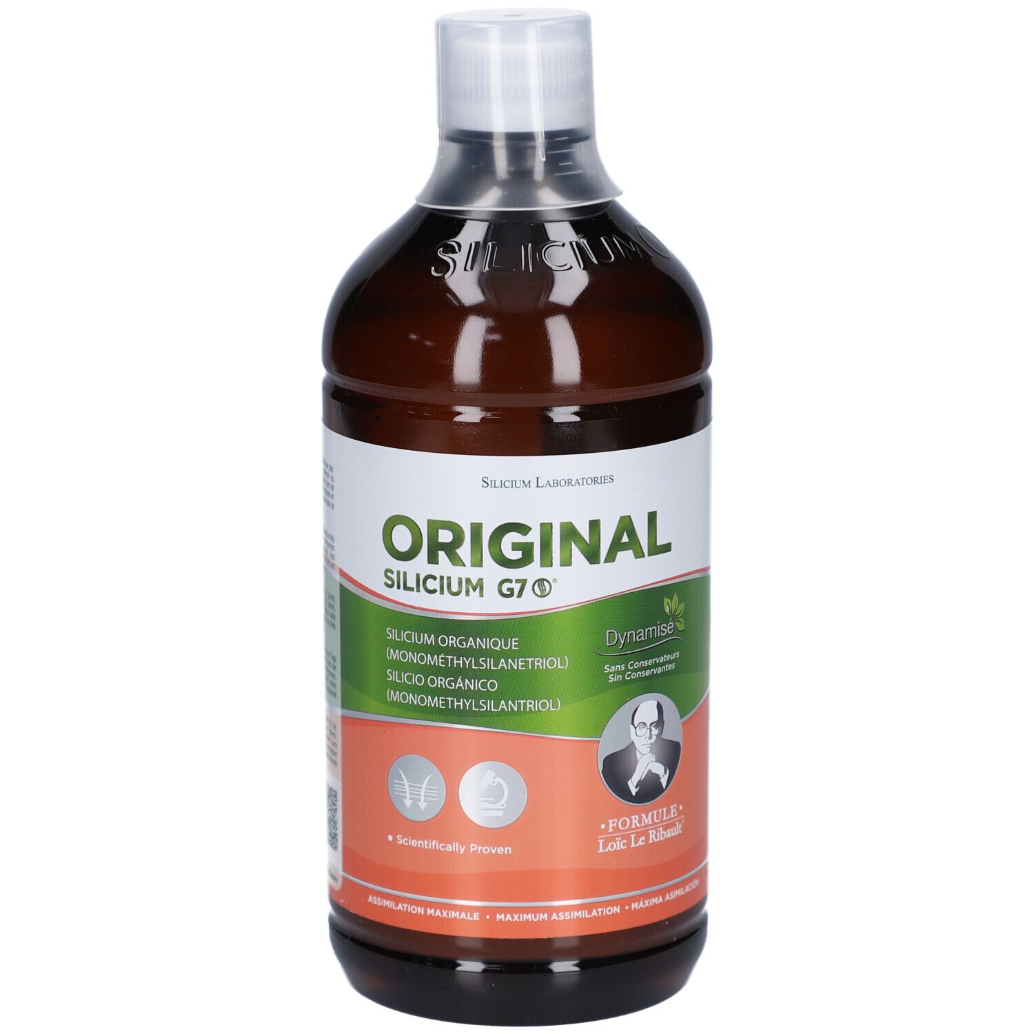 Bouteille marron avec bouchon blanc. Inscription: ORIGINAL SILICIUM G7. Étiquette avec informations et logo du produit.