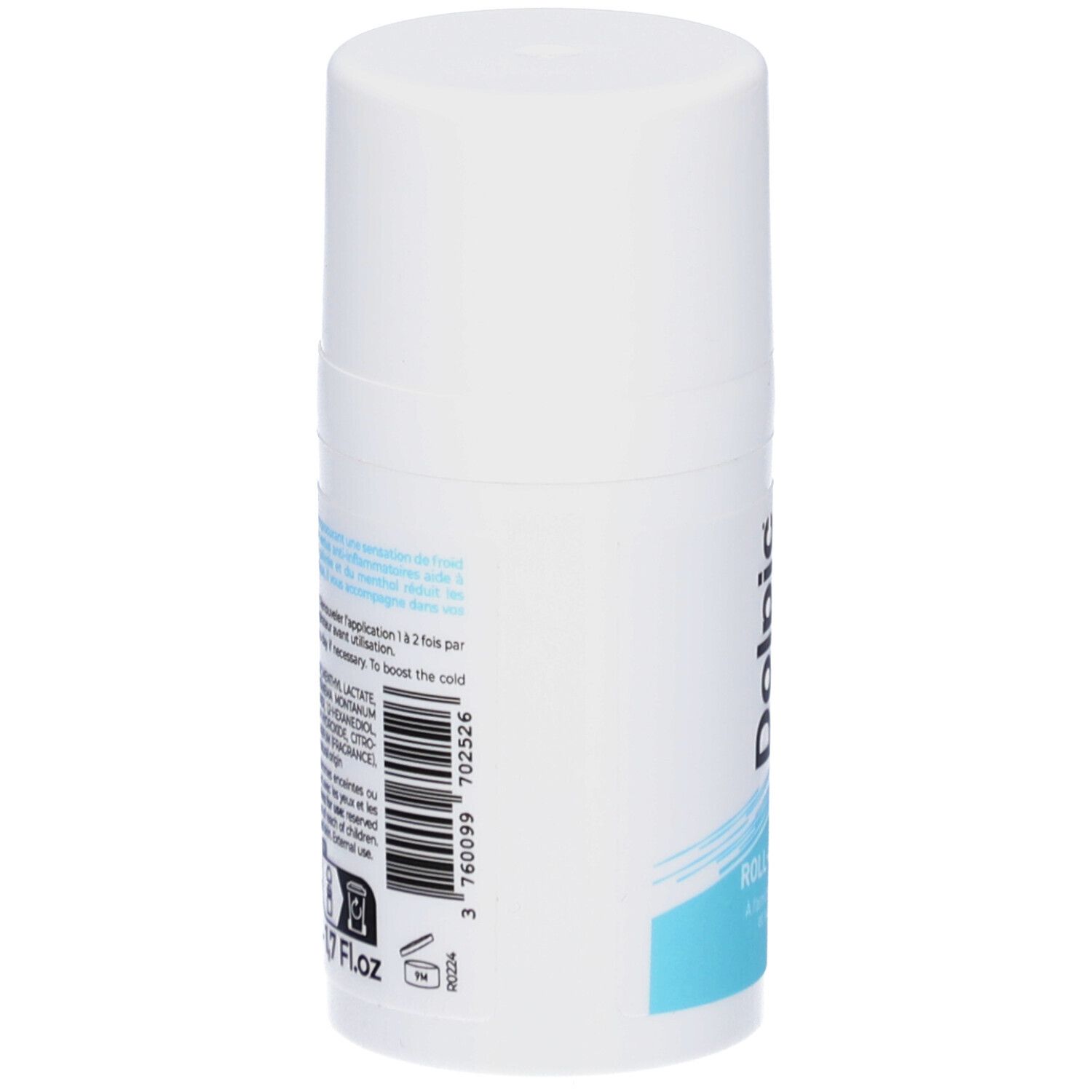 Weißer Roll-on-Behälter. Auf der Rückseite Text und Barcode. Aufschrift: 50ml - 1.7 Fl.oz.