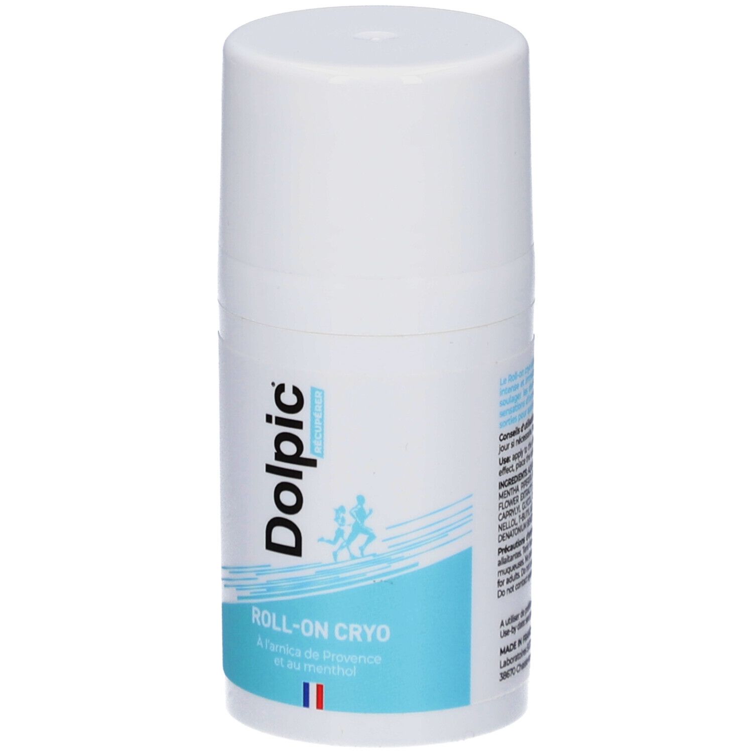 Weißer Roll-on-Behälter mit blauer Beschriftung. Aufschrift: Dolpic, Roll-on Cryo. Französische Flagge.