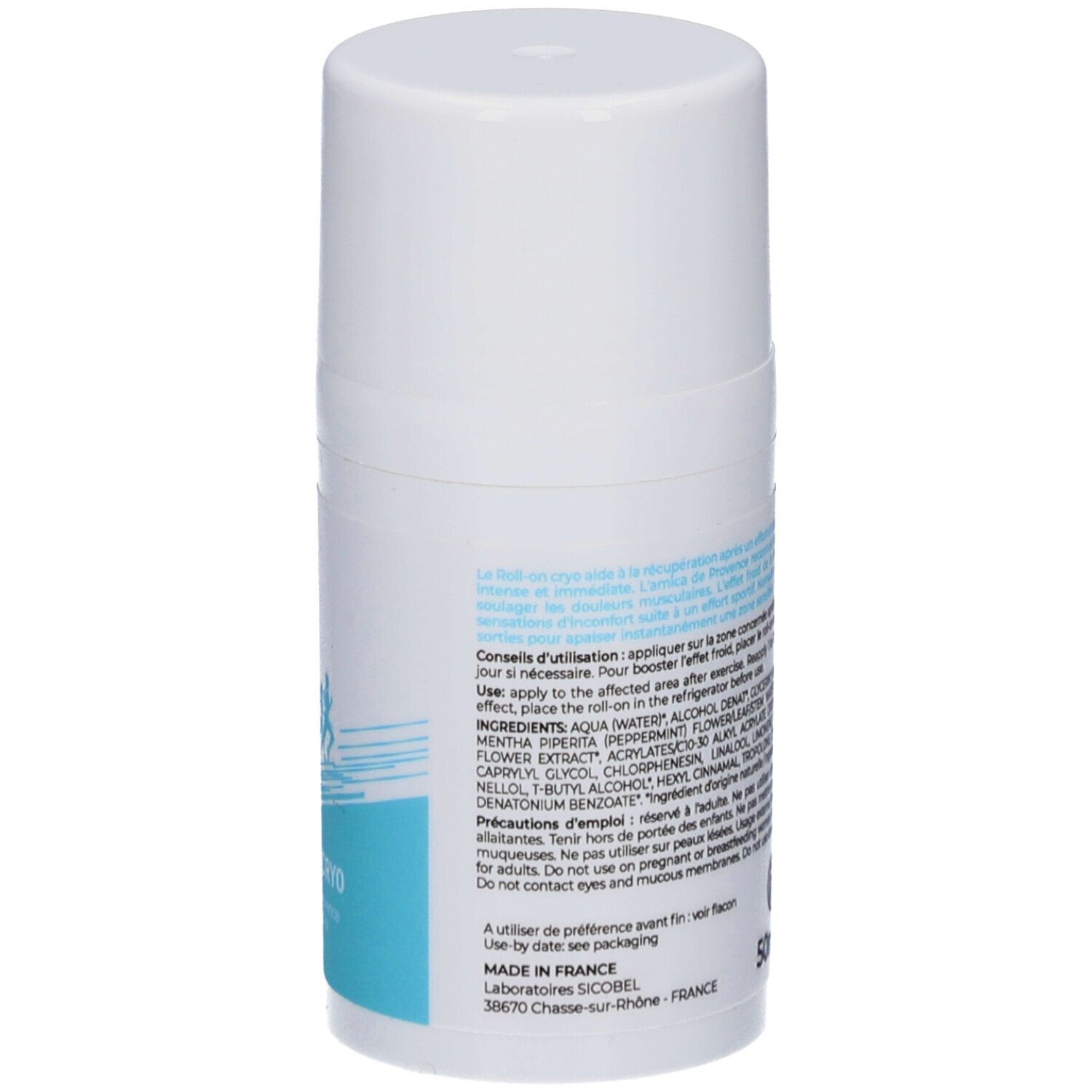 Weißer Roll-on-Behälter mit Text auf der Rückseite. Aufschrift: 50ml. Hergestellt in Frankreich.