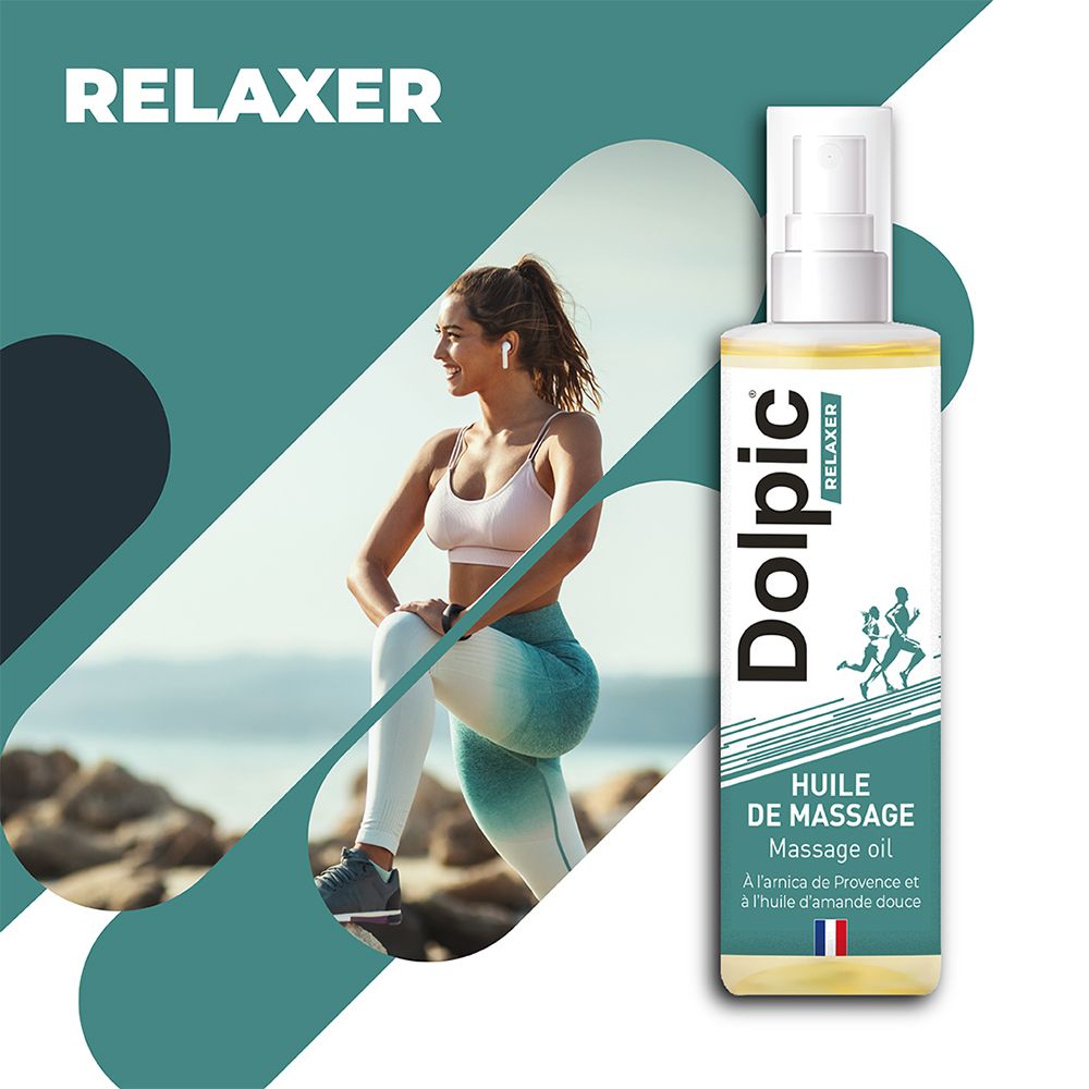 Frau dehnt sich. Im Hintergrund: Produktflasche. Text: "Dolpic Relaxer", "Huile de Massage".