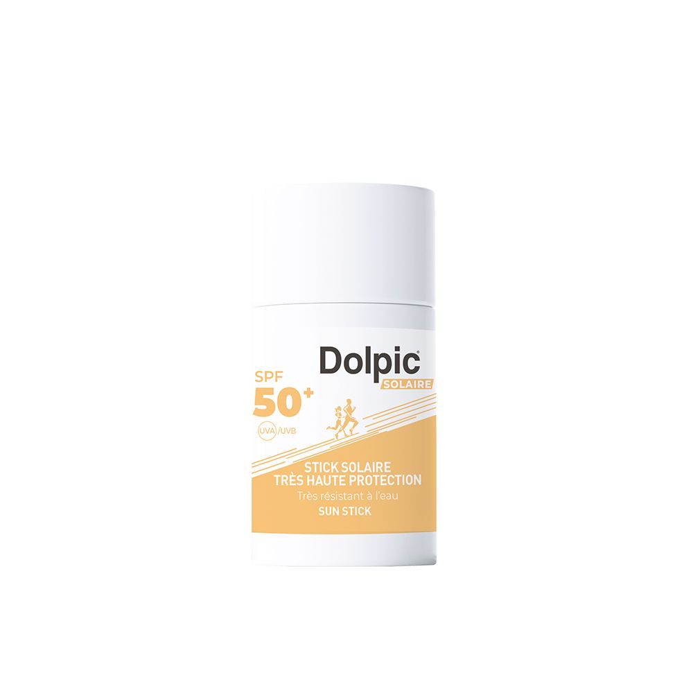 Weißer Sonnenschutzstift mit gelben Akzenten. Aufschrift: SPF 50+, Dolpic, Sun Stick. Für Gesicht und Lippen.