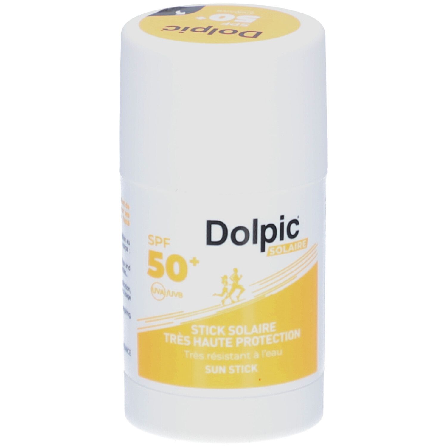 Weißer Stick mit gelben Akzenten. Aufschrift: Dolpic Solaire, SPF 50+, Sun Stick. Zwei laufende Figuren.