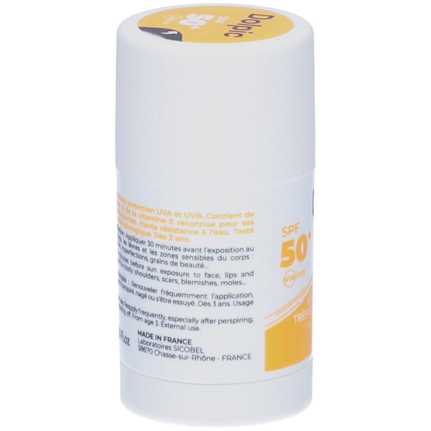 Weißer Stick mit Text. Aufschrift: SPF 50+. Text über UVA/UVB-Schutz, Vitamin E, Anwendung, Haltbarkeit, Inhaltsstoffe.