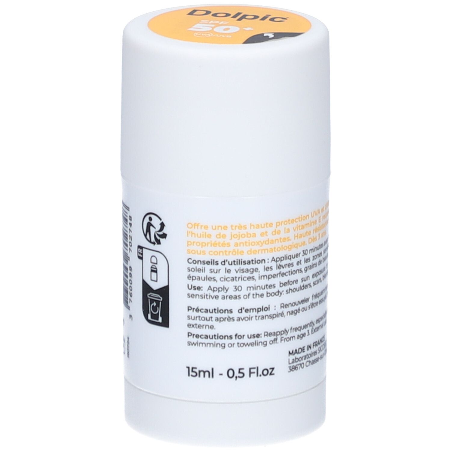 Weißer Stick mit Text und Symbolen. Aufschrift: SPF 50+. Text über Anwendung, Vorsichtsmaßnahmen, Inhaltsstoffe, Volumen.