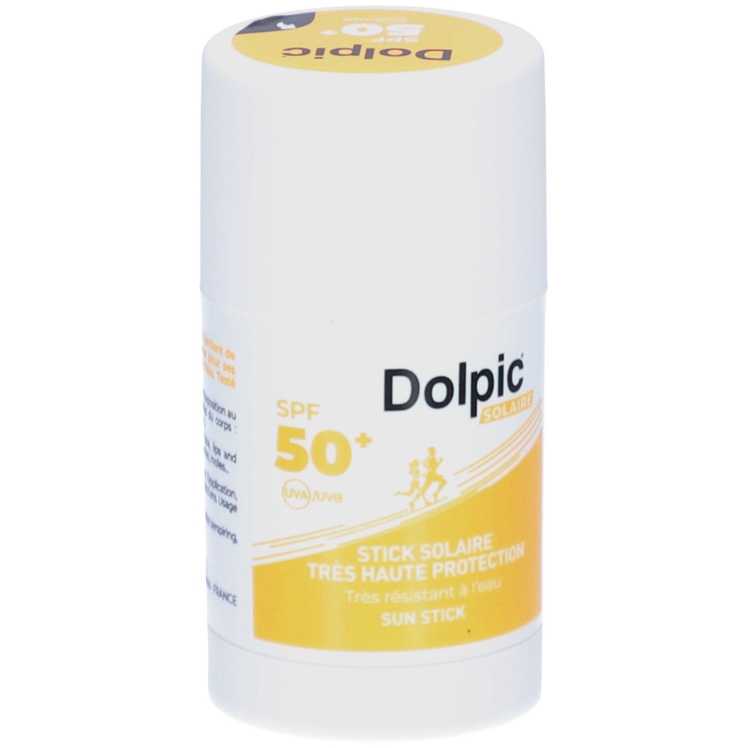 Weißer Stick mit gelben Akzenten. Aufschrift: Dolpic Solaire, SPF 50+, Sun Stick. Zwei laufende Figuren.