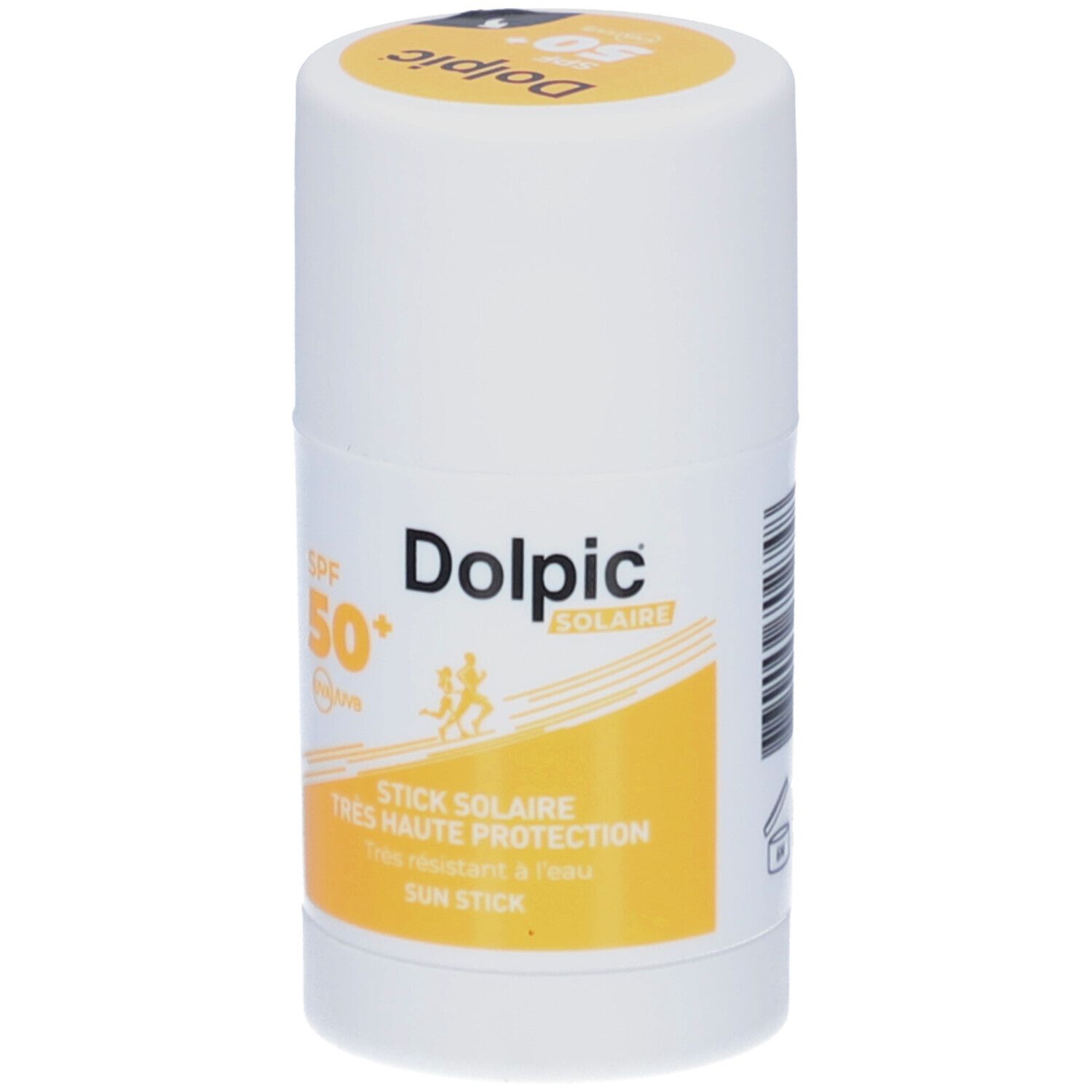 Weißer Stick mit gelben Akzenten. Aufschrift: Dolpic Solaire, SPF 50+, Sun Stick. Zwei laufende Figuren.