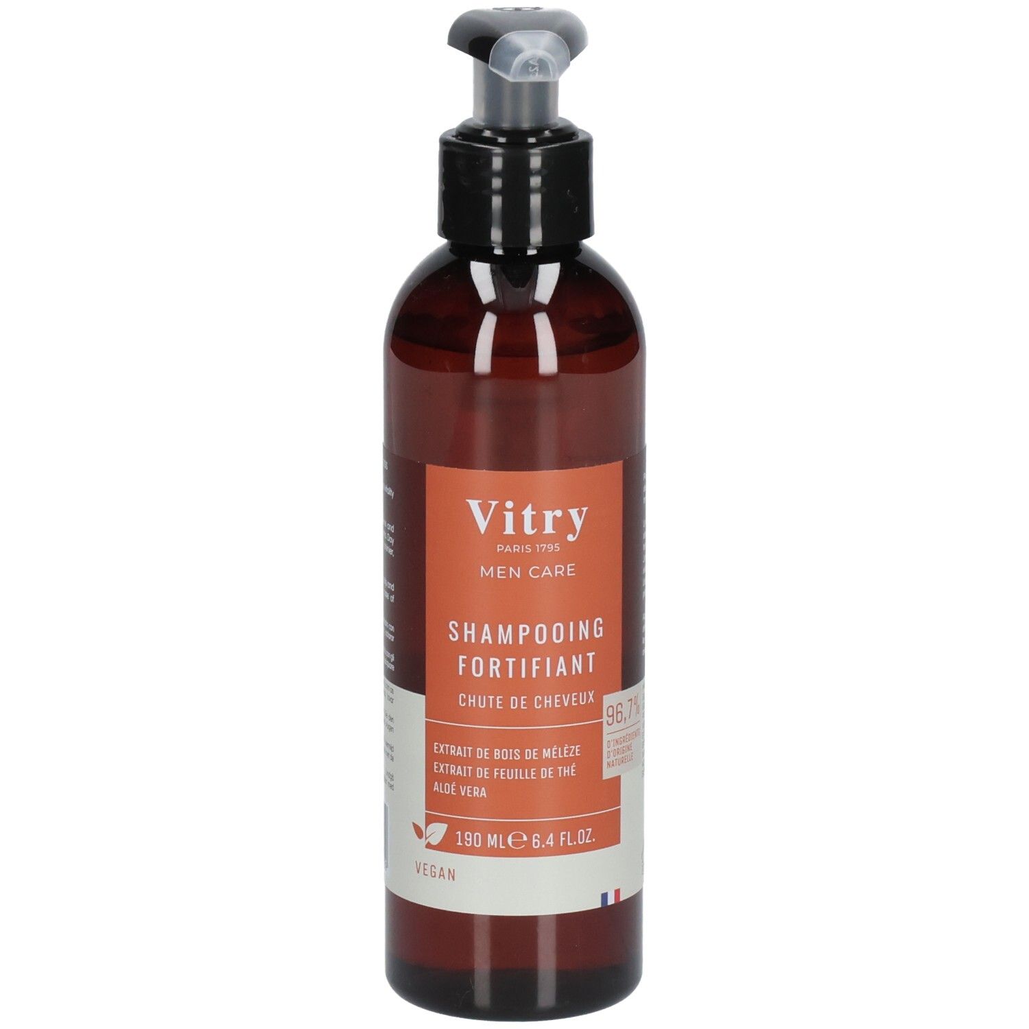 Braune Flasche mit schwarzem Pumpkopf. Etikett mit Produktnamen und Marke Vitry. Vegan.
