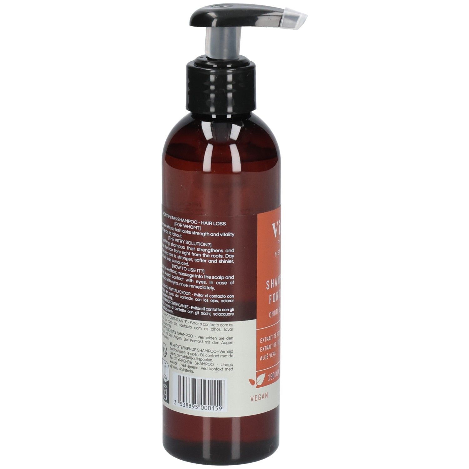 Braune Flasche mit schwarzem Pumpkopf. Rückseite mit Text. Vegan.