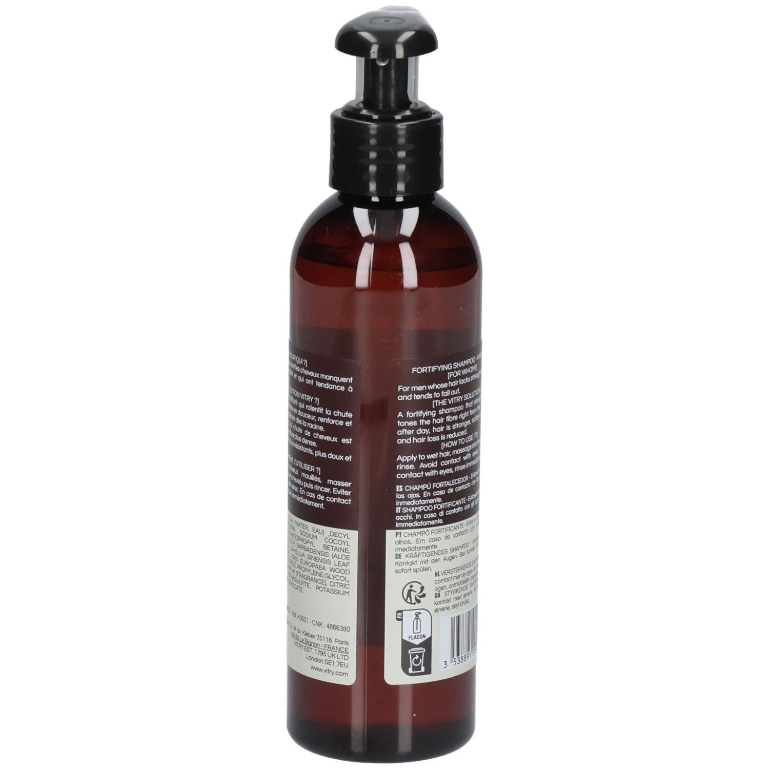 Braune Flasche mit schwarzem Pumpkopf. Rückseite mit Text. Vegan.