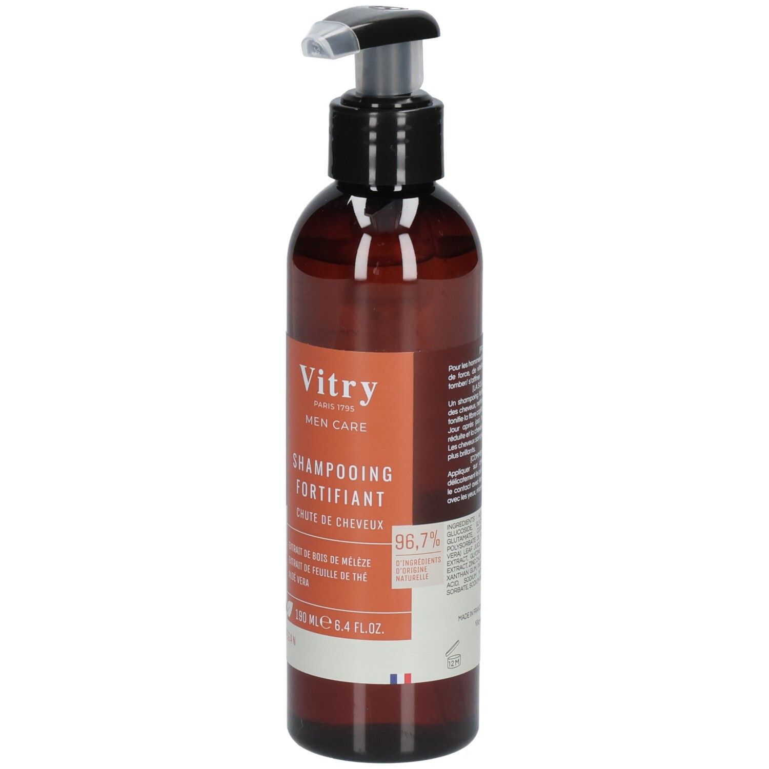 Braune Flasche mit schwarzem Pumpkopf. Etikett mit Produktnamen und Marke Vitry. Vegan.
