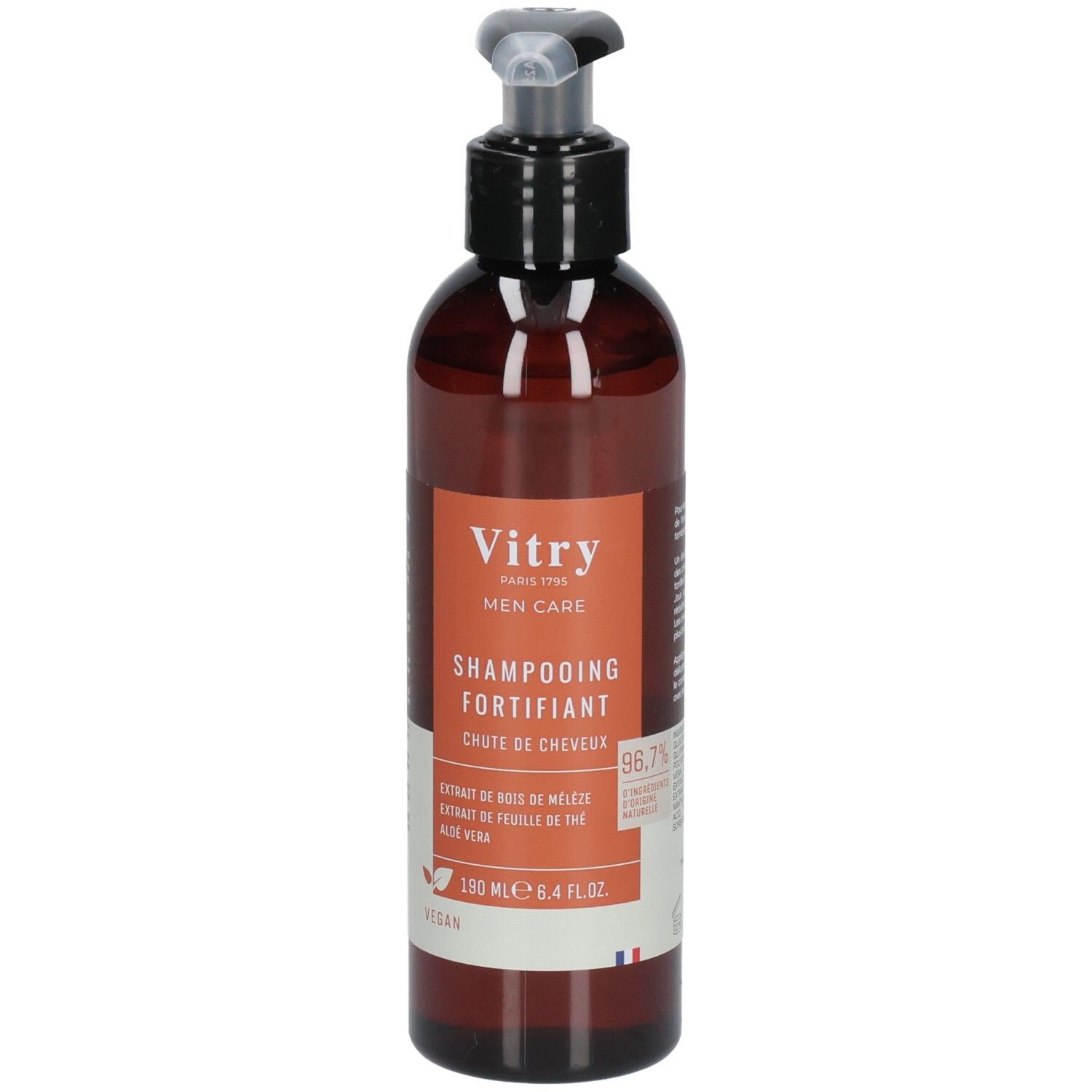 Braune Flasche mit schwarzem Pumpkopf. Etikett mit Produktnamen und Marke Vitry. Vegan.