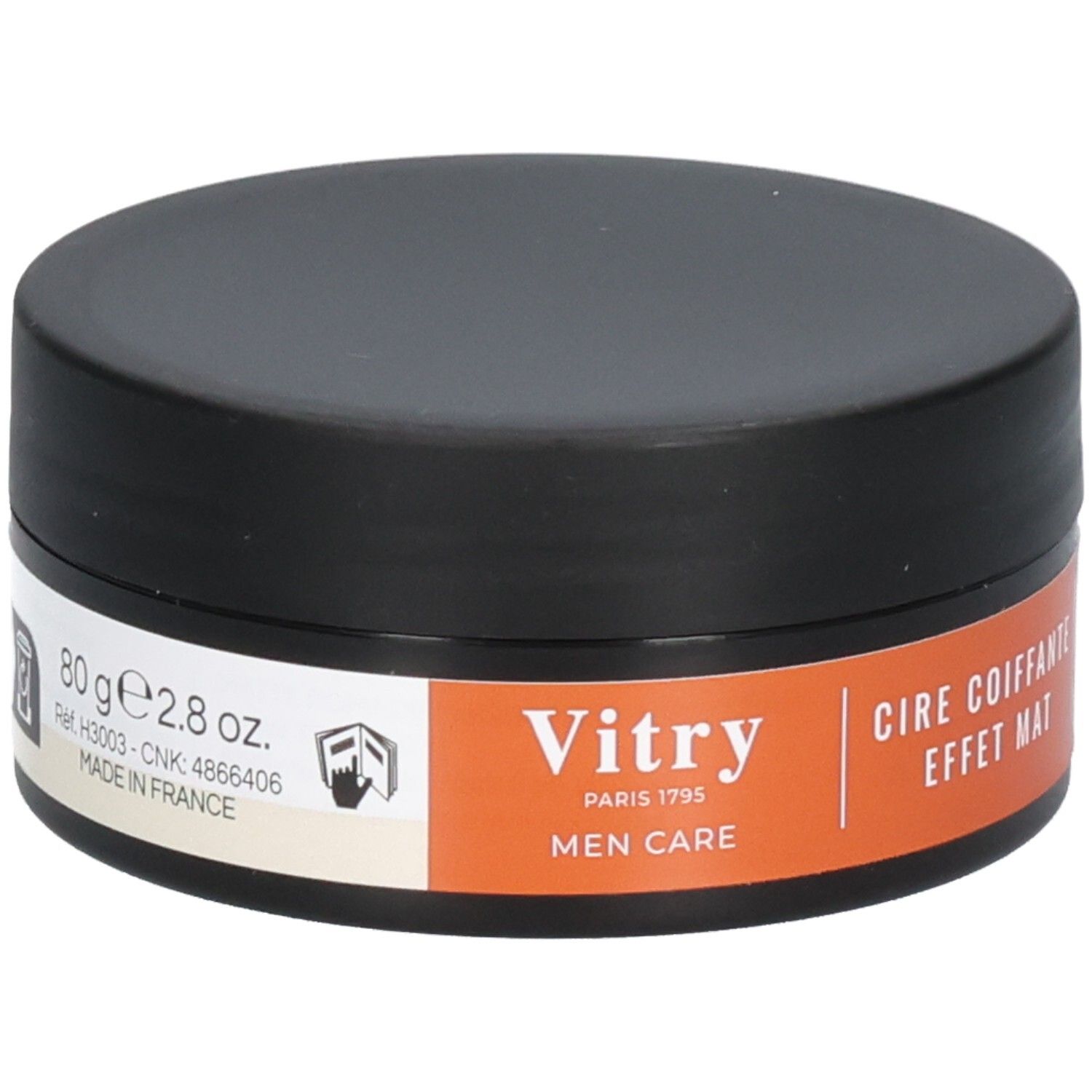 Runde, schwarze Dose mit orangefarbenem Etikett. Auf dem Etikett steht "Vitry PARIS 1795 MEN CARE". Text: "CIRE COIFFANTE EFFET MAT".