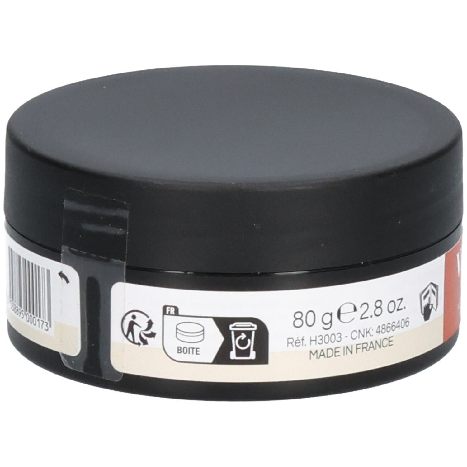 Schwarze Dose mit weißem Etikett. Auf dem Etikett sind Piktogramme und Text. Aufgedruckt: 80 g 2.8 oz. Ref. H3003 - CNK 4866406 MADE IN FRANCE.