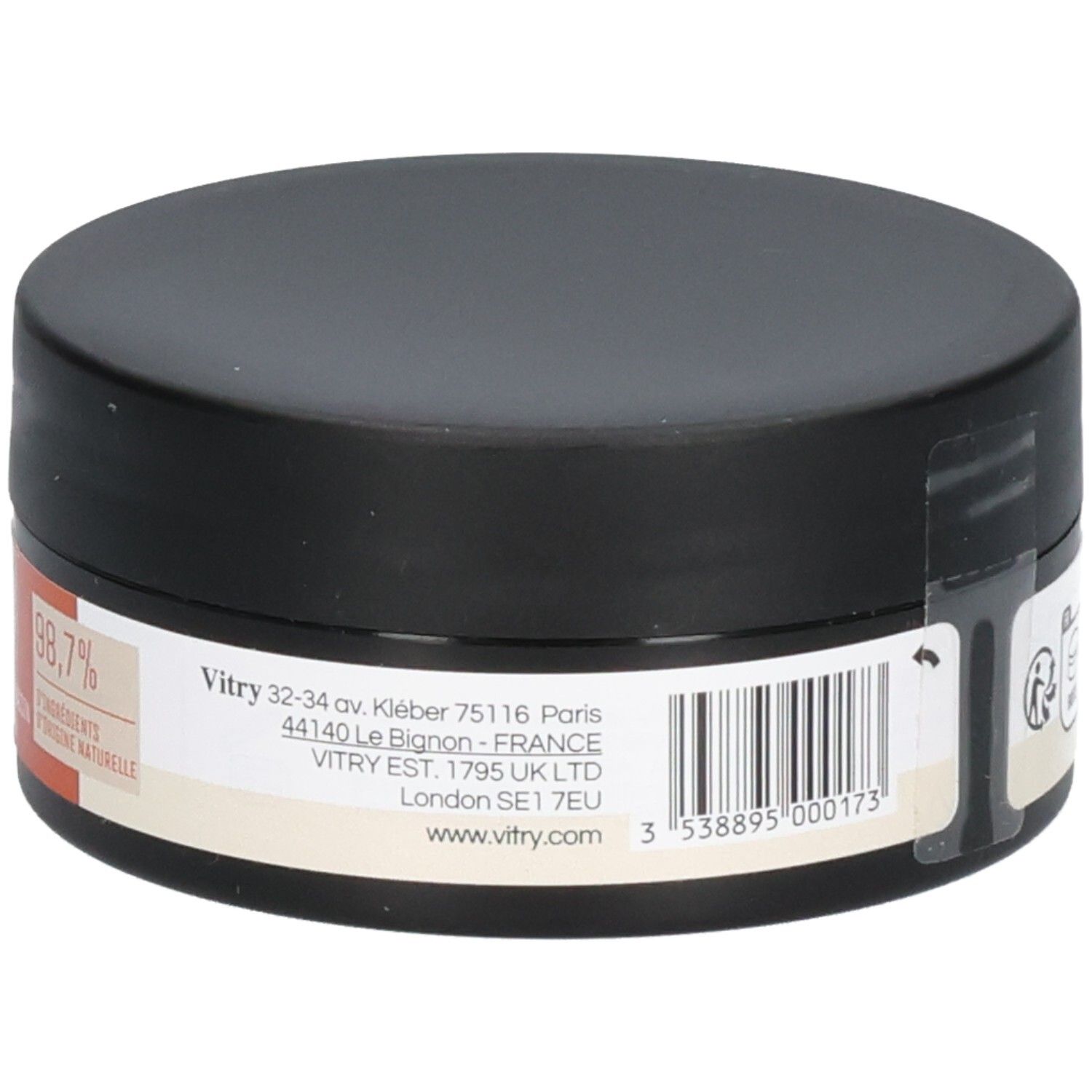 Schwarze Dose mit weißem Etikett und Barcode. Aufgedruckt: Vitry 32-34 av. Kléber 75116 Paris. VITRY EST. 1795 UK LTD London SE1 7EU.