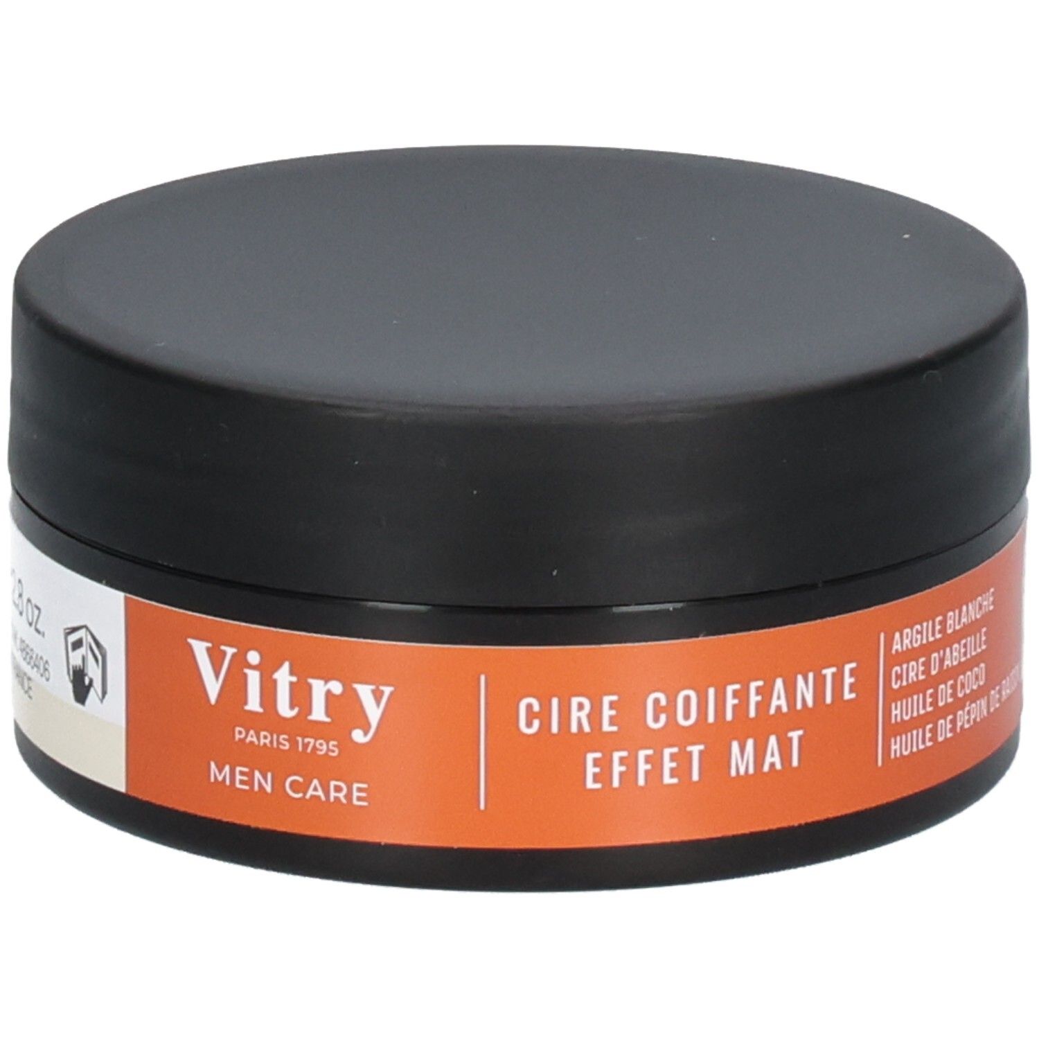Schwarze Dose mit orangefarbenem Etikett. Auf dem Etikett steht "Vitry PARIS 1795 MEN CARE". Text: "CIRE COIFFANTE EFFET MAT".