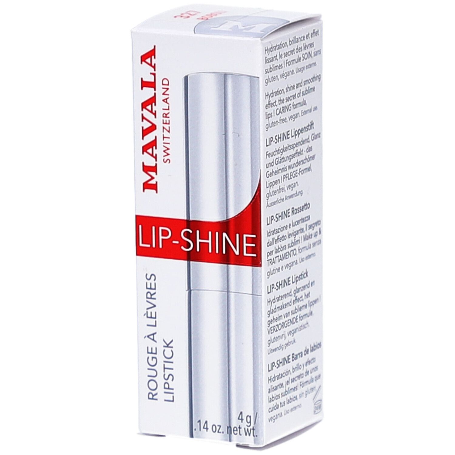 Weißer Karton mit Lippenstift. Aufschrift: MAVALA, LIP-SHINE, ROUGE À LÈVRES, LIPSTICK. 4g/ .14 oz. net wt.