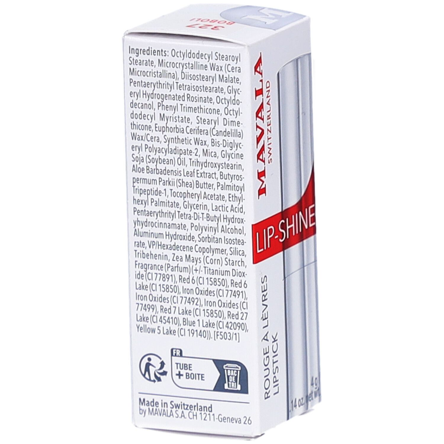 Rückseite der weißen Kartonverpackung. Enthält Inhaltsstoffe und Recycling-Symbol. Aufschrift: MAVALA, LIP-SHINE, ROUGE À LÈVRES, LIPSTICK.