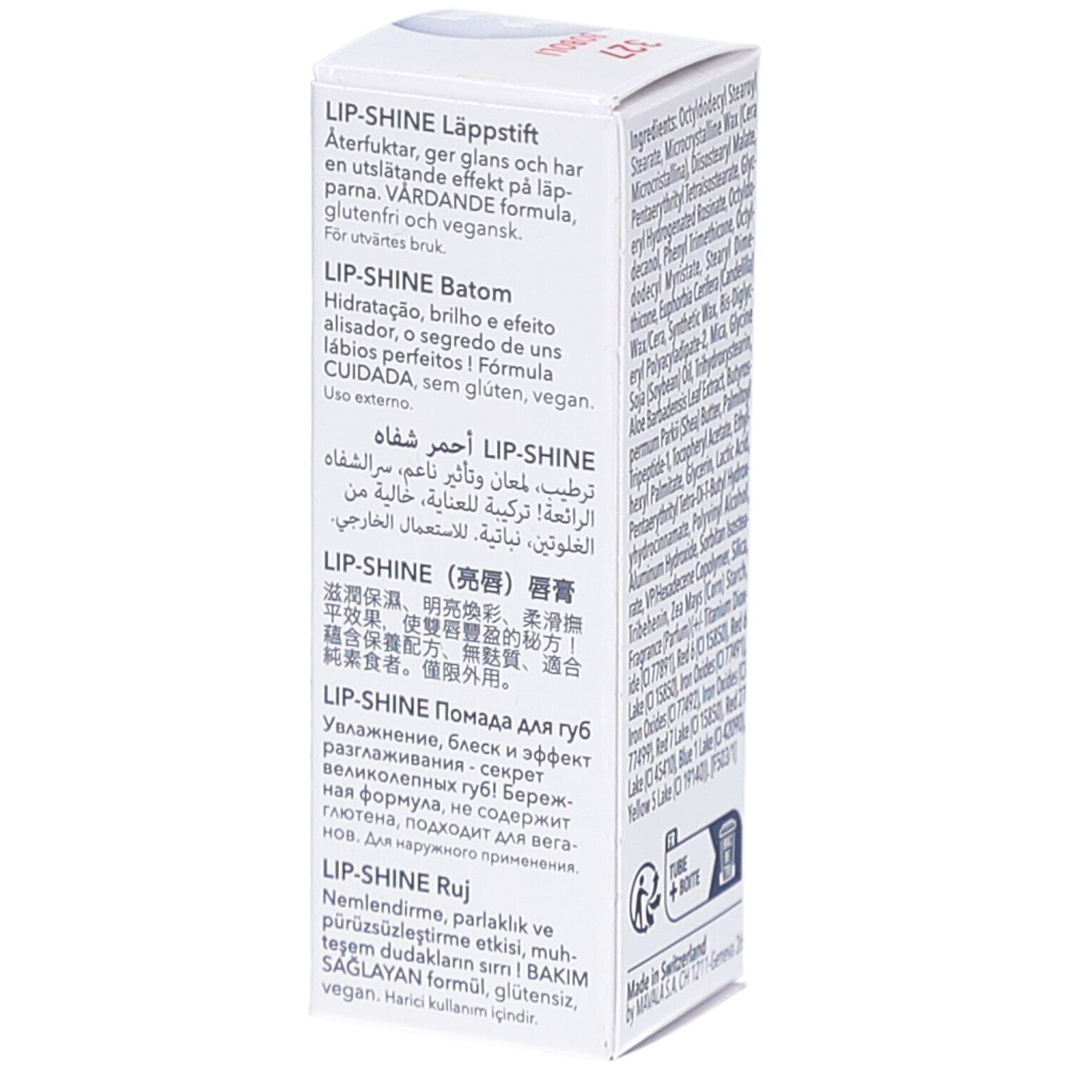 Seite der weißen Kartonverpackung. Mehrsprachige Produktinformationen. Aufschrift: LIP-SHINE.