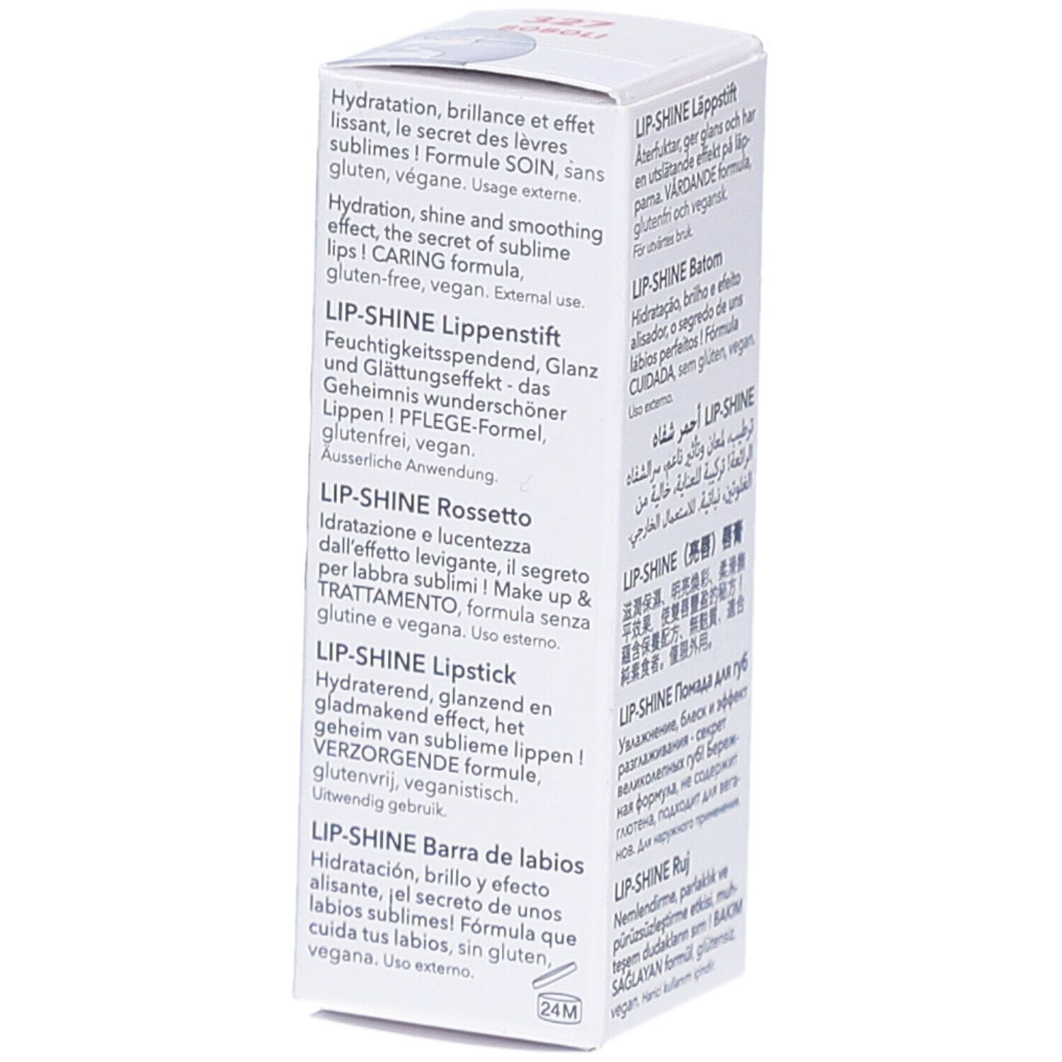 Seite der weißen Kartonverpackung. Mehrsprachige Produktinformationen. Aufschrift: LIP-SHINE.