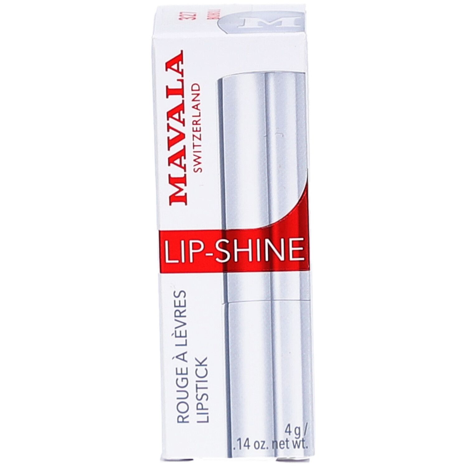 Weißer Karton mit Lippenstift. Aufschrift: MAVALA, LIP-SHINE, ROUGE À LÈVRES, LIPSTICK. 4g/ .14 oz. net wt.