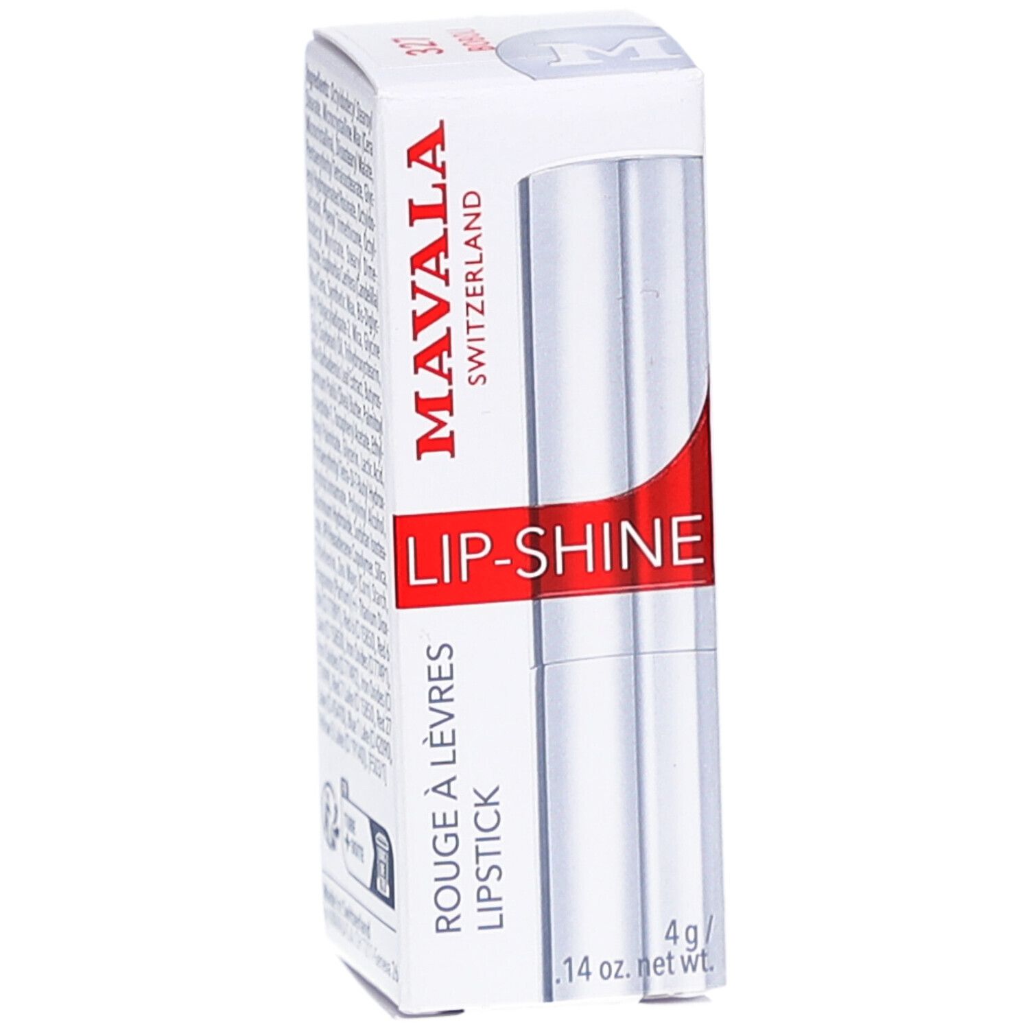 Weißer Karton mit Lippenstift. Aufschrift: MAVALA, LIP-SHINE, ROUGE À LÈVRES, LIPSTICK. 4g/ .14 oz. net wt.