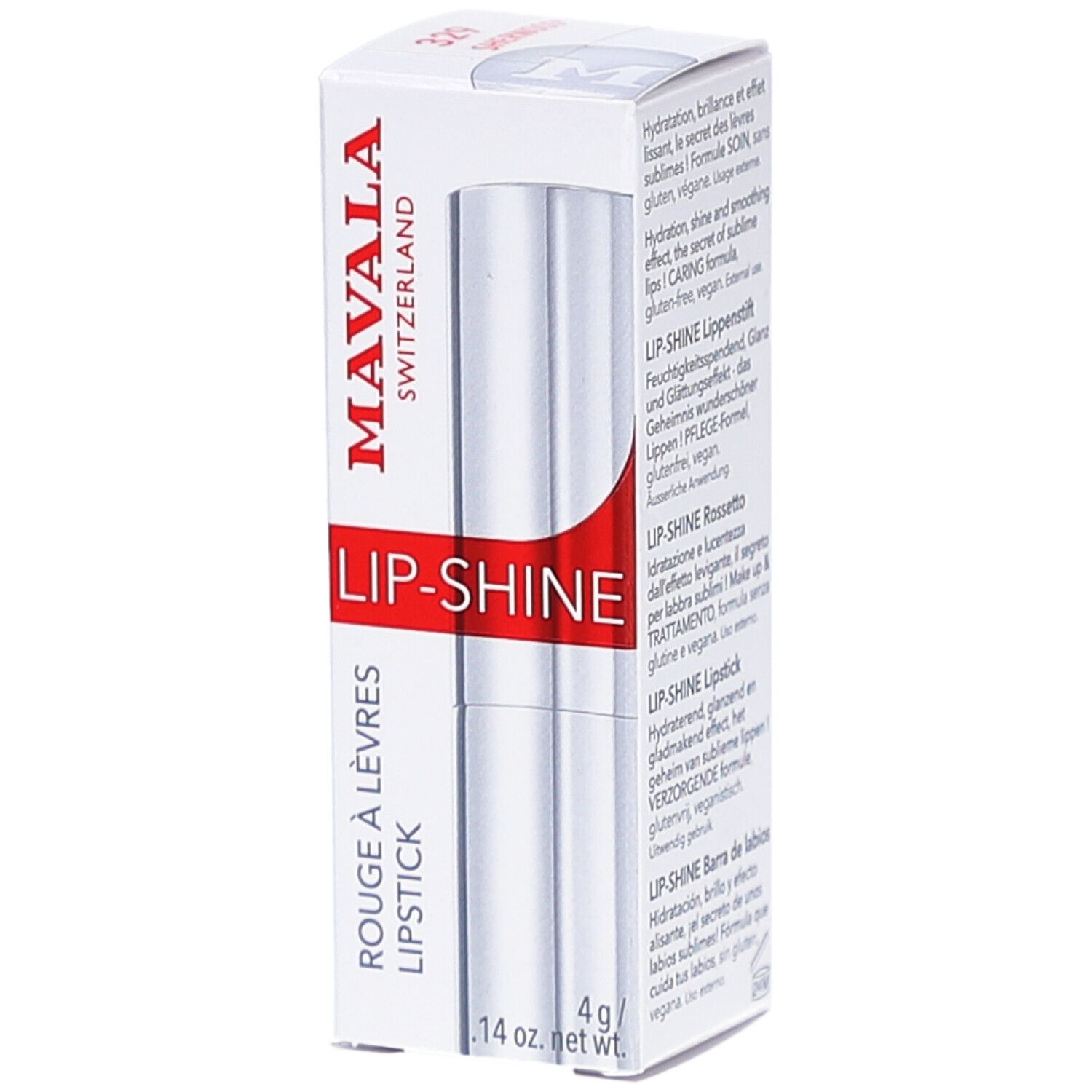Lippenstift in Verpackung. Weißer Karton mit roter Schrift: MAVALA, LIP-SHINE, Rouge à lèvres, Lipstick. Silberner Lippenstift.