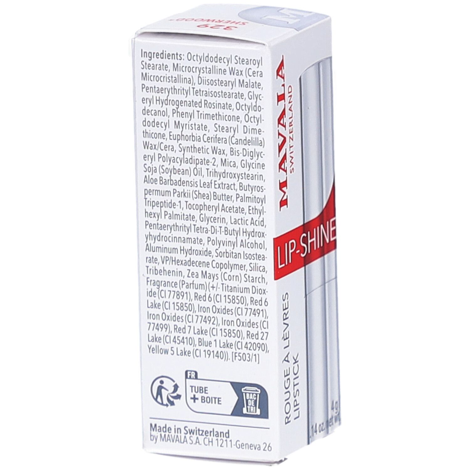 Rückseite der Verpackung. Weiße Schachtel mit Inhaltsstoffen und Text. MAVALA, LIP-SHINE, Rouge à lèvres, Lipstick.