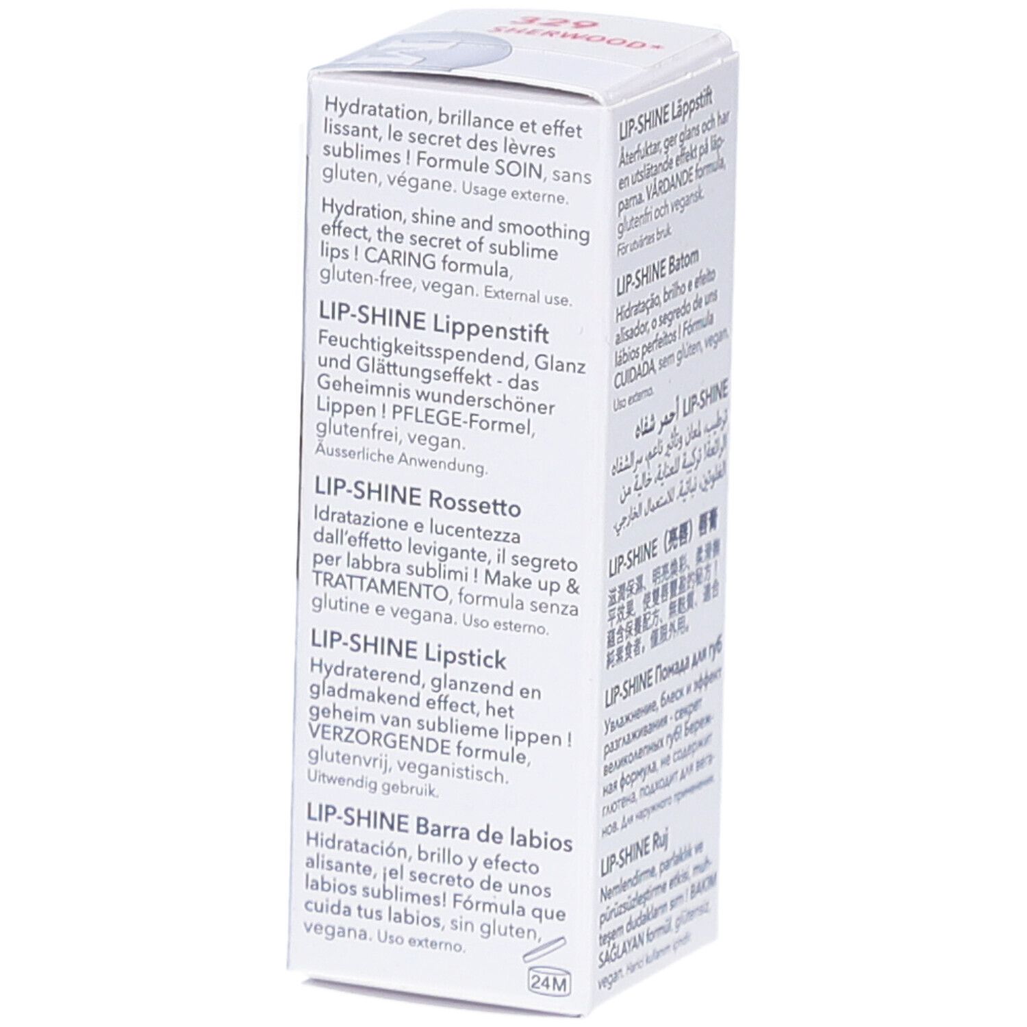 Seite der Verpackung. Weiße Schachtel mit Text in verschiedenen Sprachen. LIP-SHINE, MAVALA.
