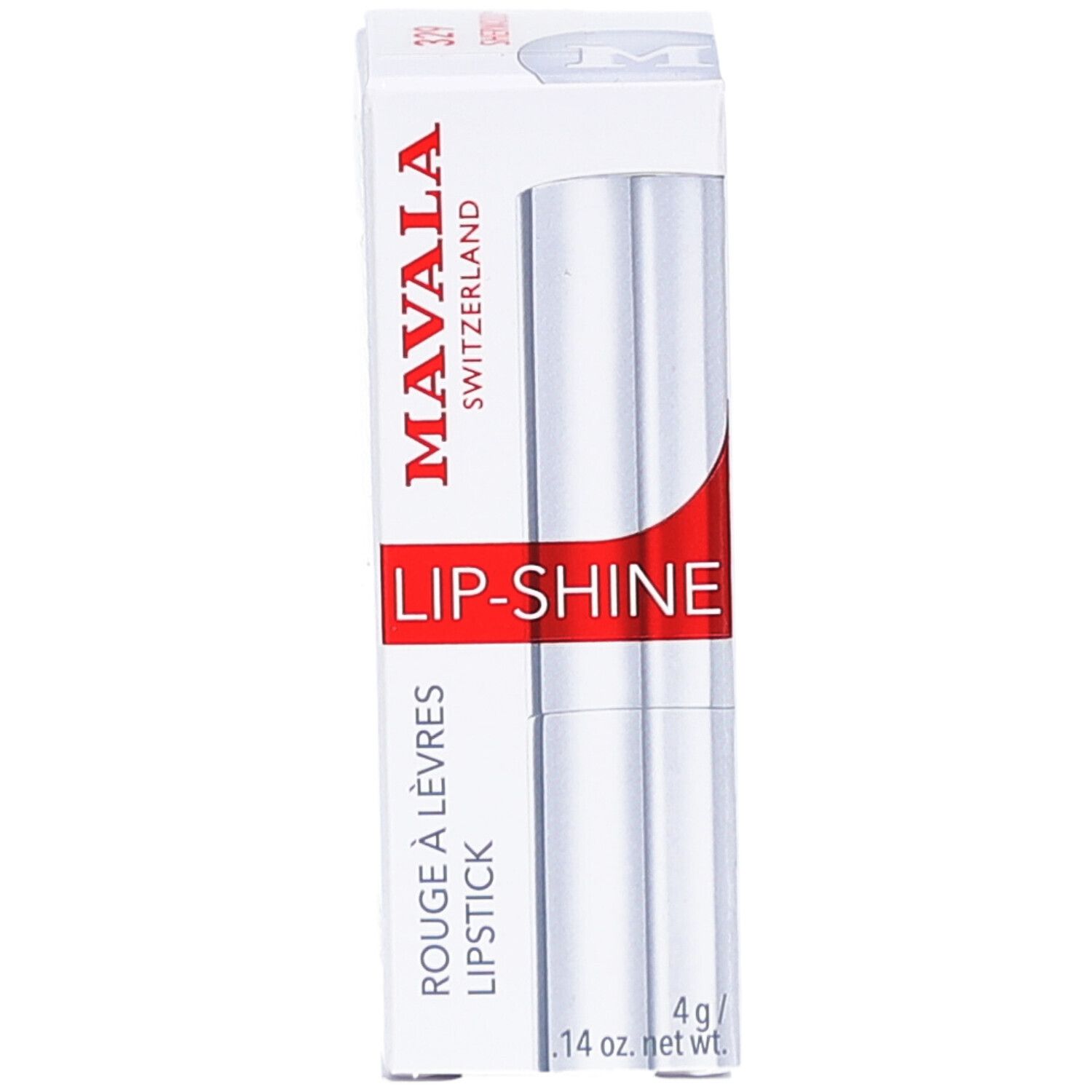 Lippenstift in Verpackung. Weißer Karton mit roter Schrift: MAVALA, LIP-SHINE, Rouge à lèvres, Lipstick. Silberner Lippenstift.