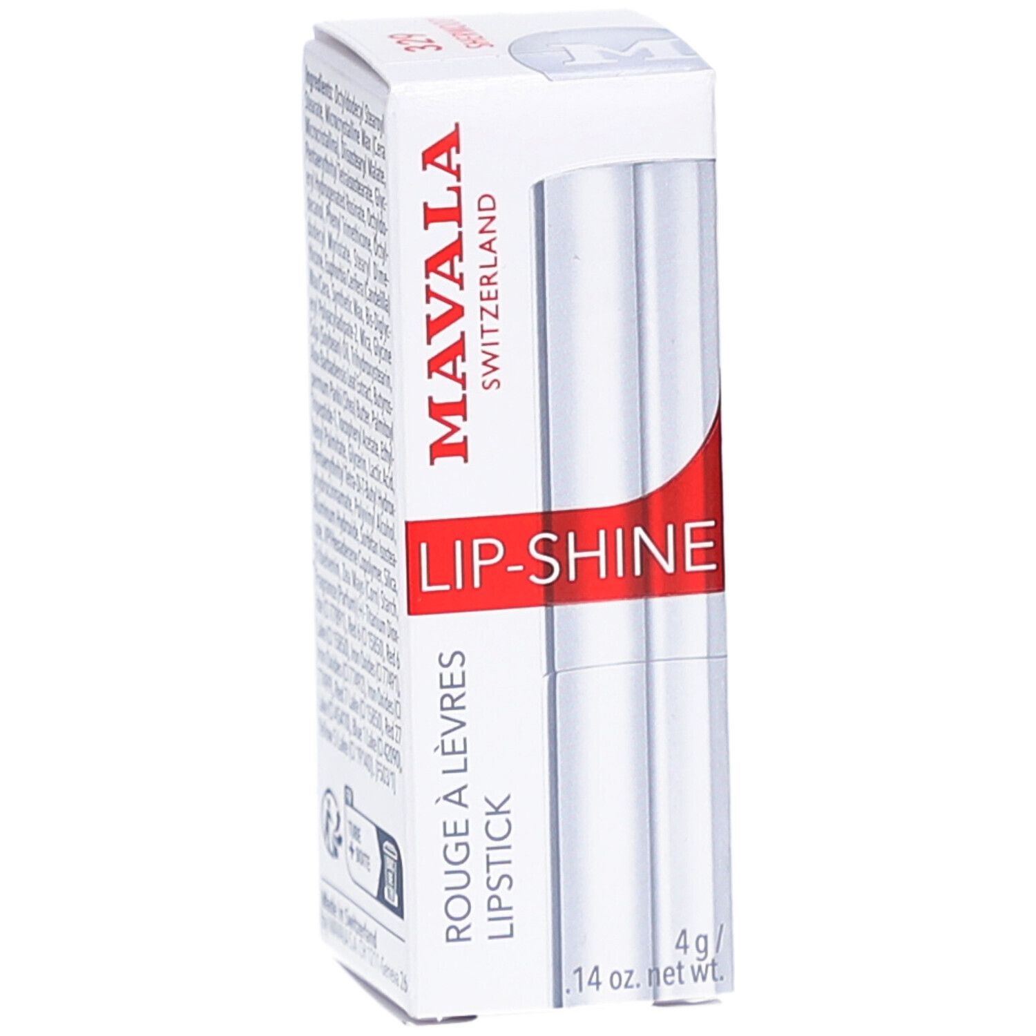 Lippenstift in Verpackung. Weißer Karton mit roter Schrift: MAVALA, LIP-SHINE, Rouge à lèvres, Lipstick. Silberner Lippenstift.