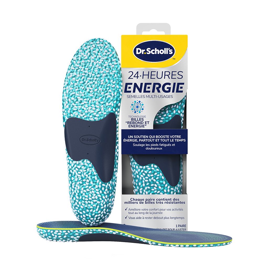 Semelles avec motif bleu et blanc, emballage. Inscription : Dr. Scholl's 24 h Energie. Semelles multi-usages.
