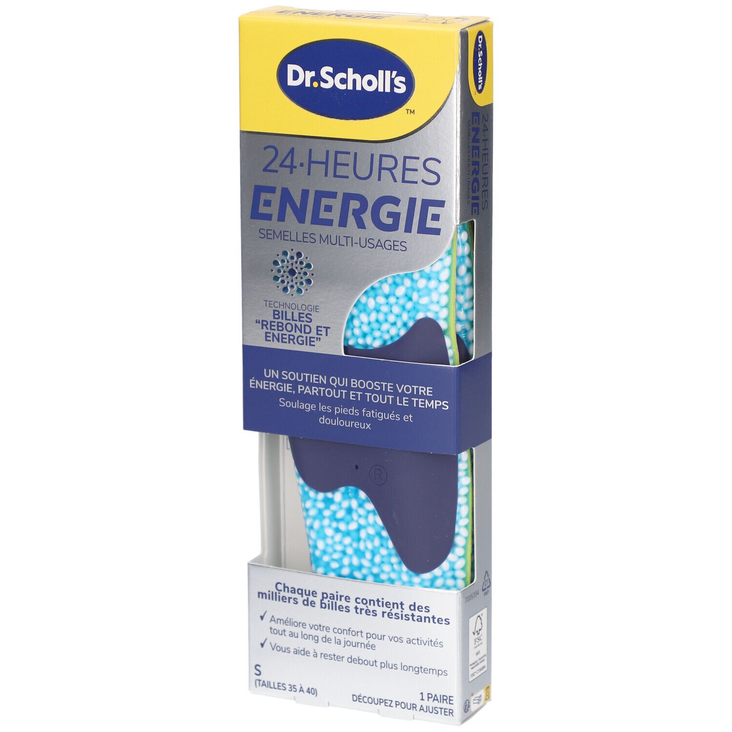 Boîte de semelles multi-usages Scholl 24-HEURES ENERGIE. Semelles bleues et blanches. Texte sur l'emballage. Carton jaune et bleu.