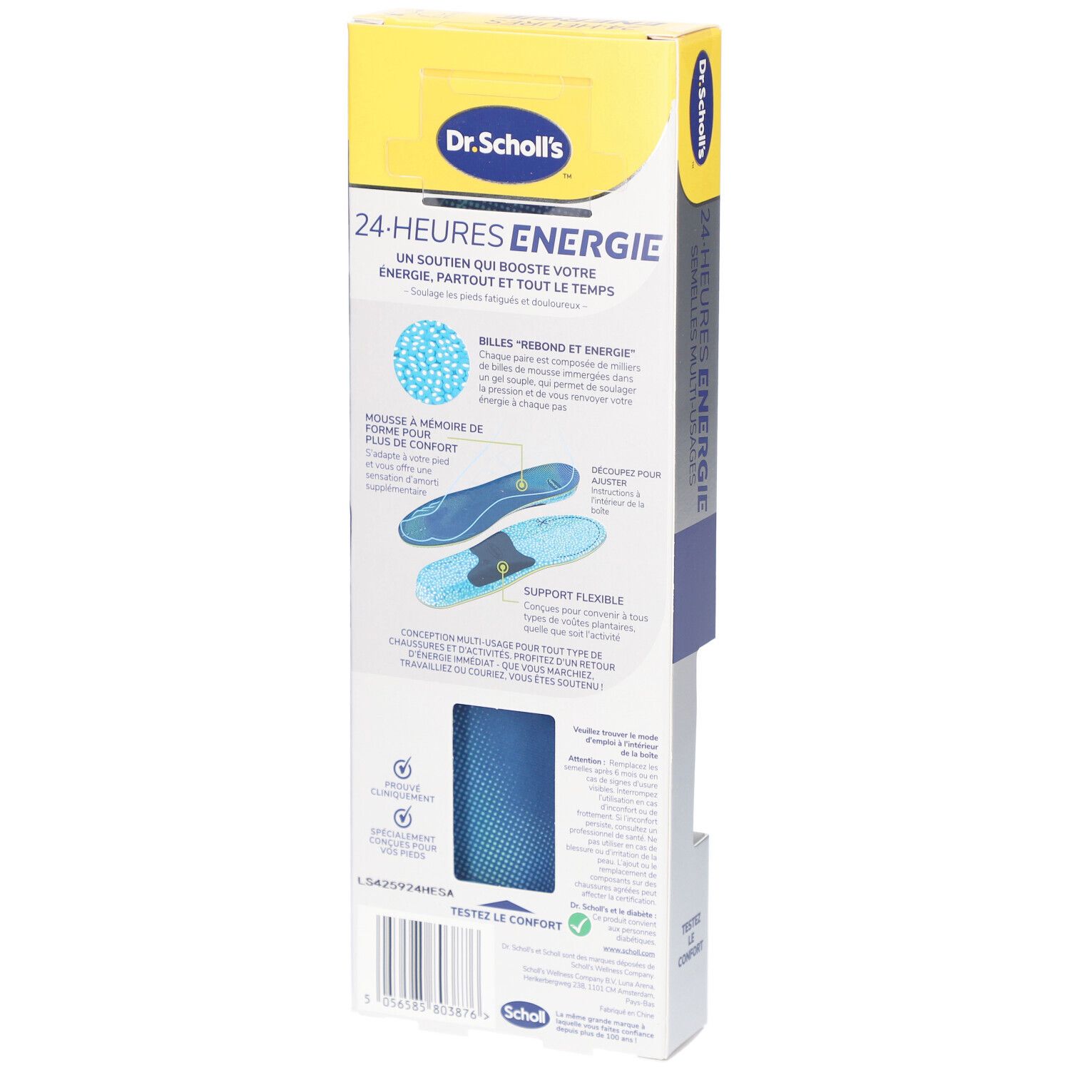 Dos de la boîte de semelles Scholl 24-HEURES ENERGIE. Informations et illustrations. Semelle bleue. Carton jaune et bleu.