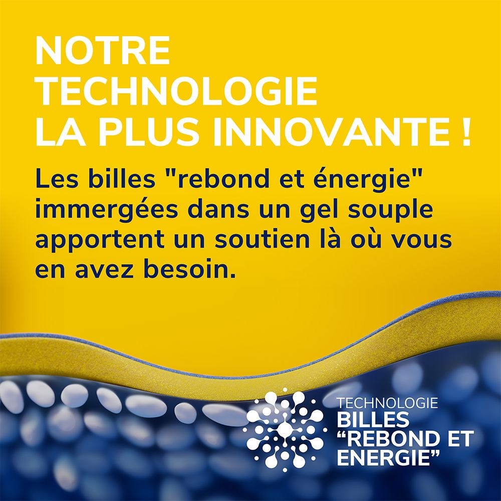 Fond jaune avec texte. Texte : Notre technologie la plus innovante ! Billes « rebond et énergie » dans du gel.