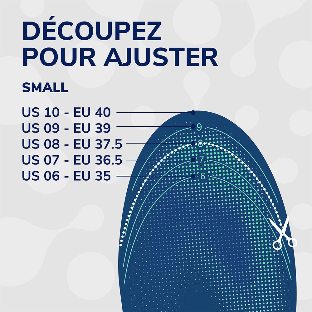 Semelle intérieure bleue avec indications de taille. Texte : « DÉCOUPEZ POUR AJUSTER ». Tailles : US 06-10, EU 35-40.