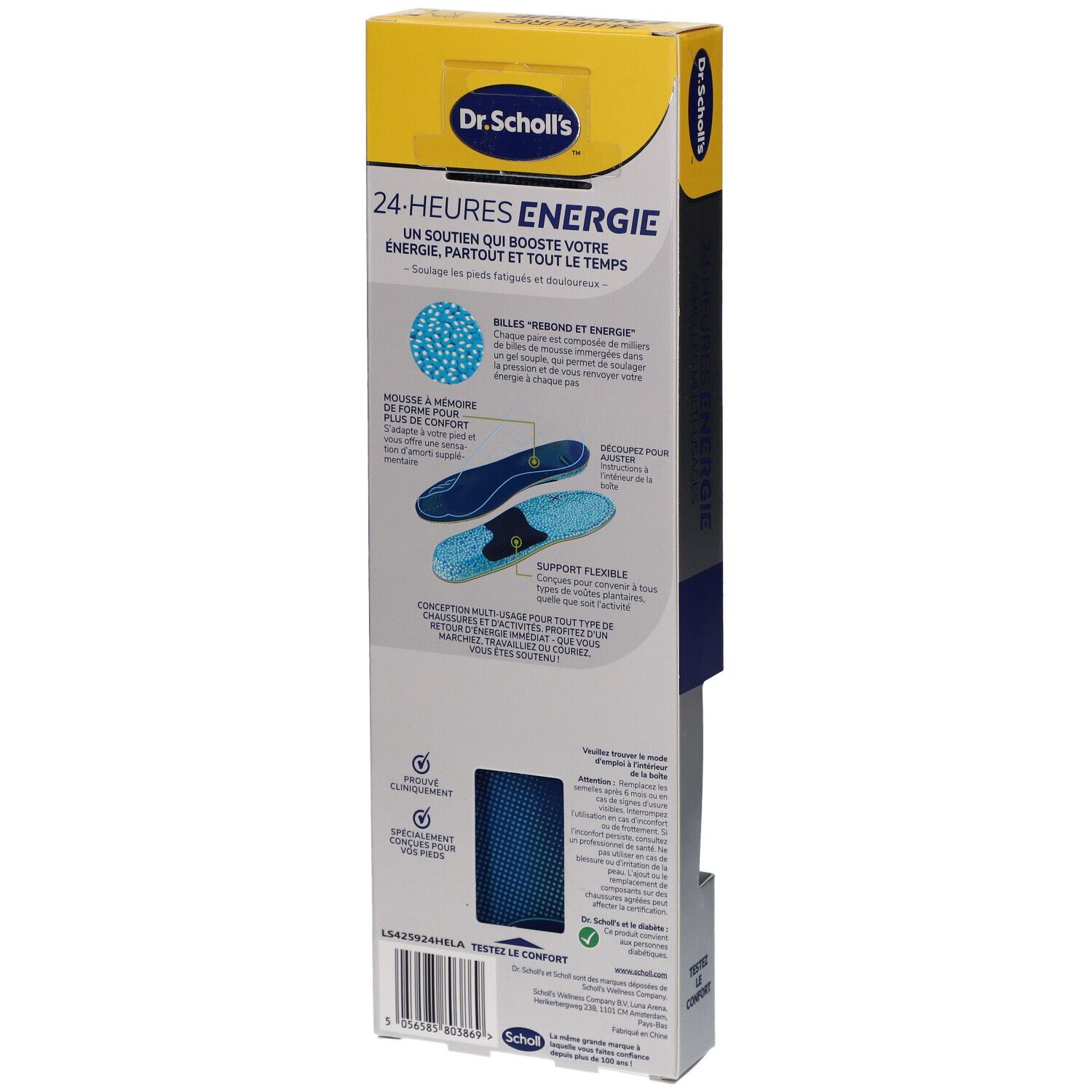 Dos de l'emballage avec informations produit. Texte: Dr. Scholl's, 24-HEURES ENERGIE. Illustrations et texte descriptif.