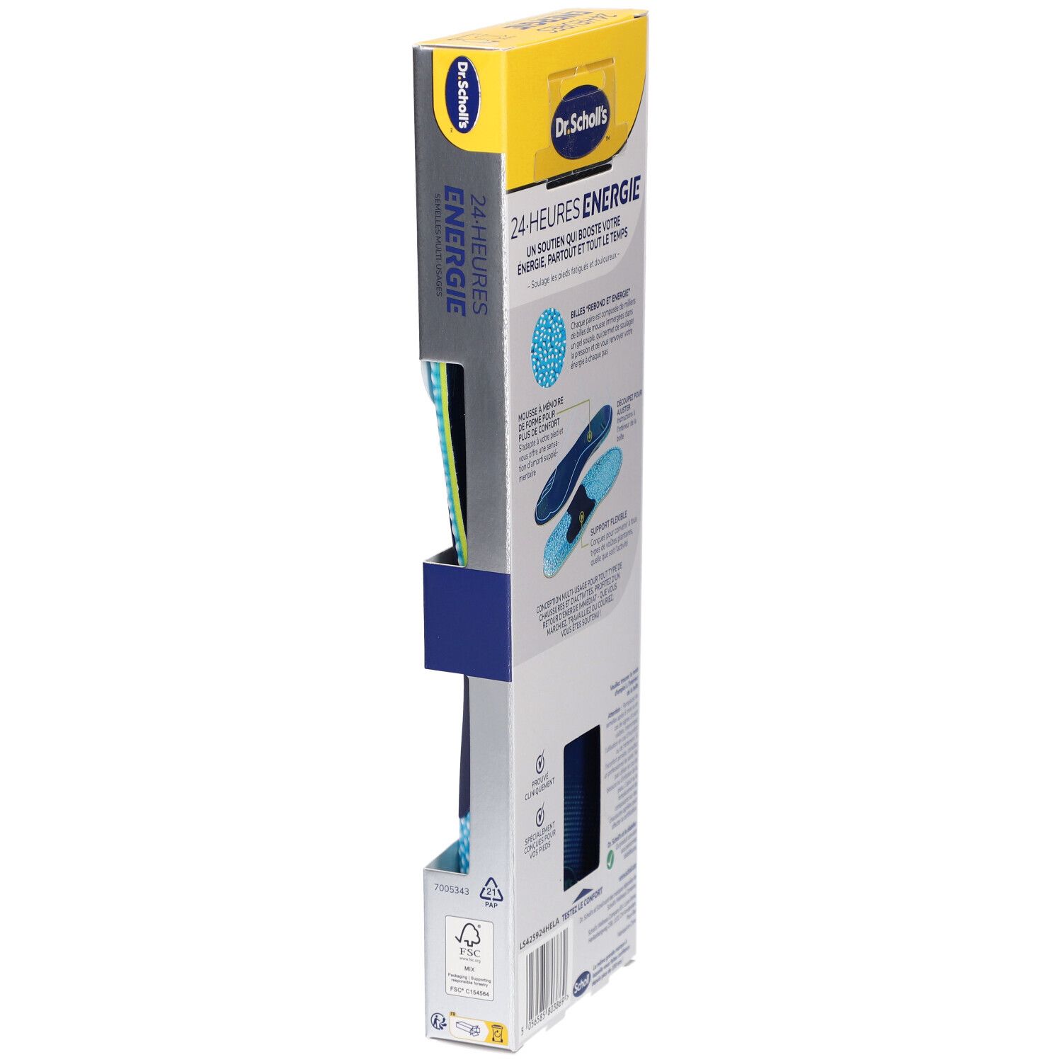 Emballage étroit, dos. Texte: Dr. Scholl's, 24-HEURES ENERGIE. Illustrations et texte descriptif.