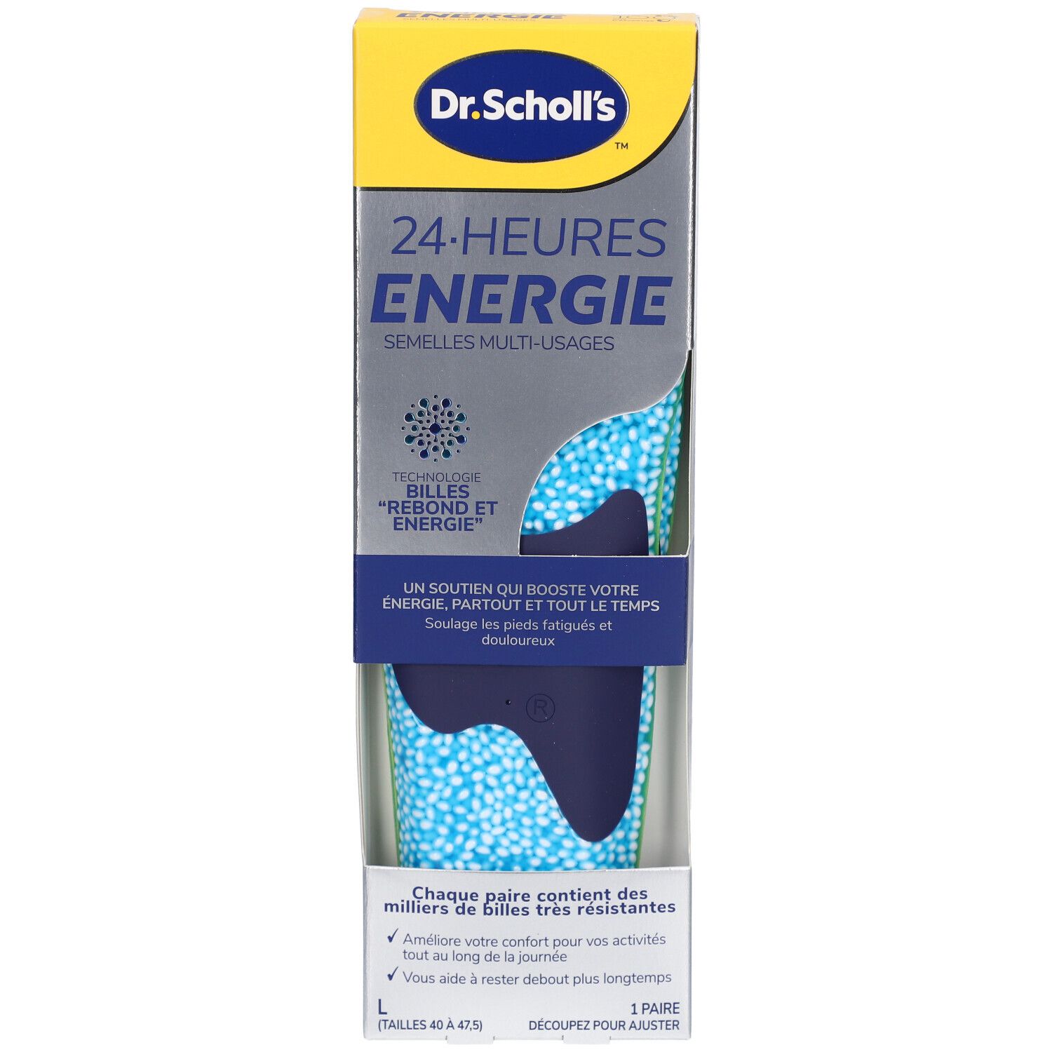 Boîte de semelles Dr. Scholl's 24-HEURES ENERGIE. Semelles bleues et vertes visibles. Texte: 'Billes rebond et énergie'.