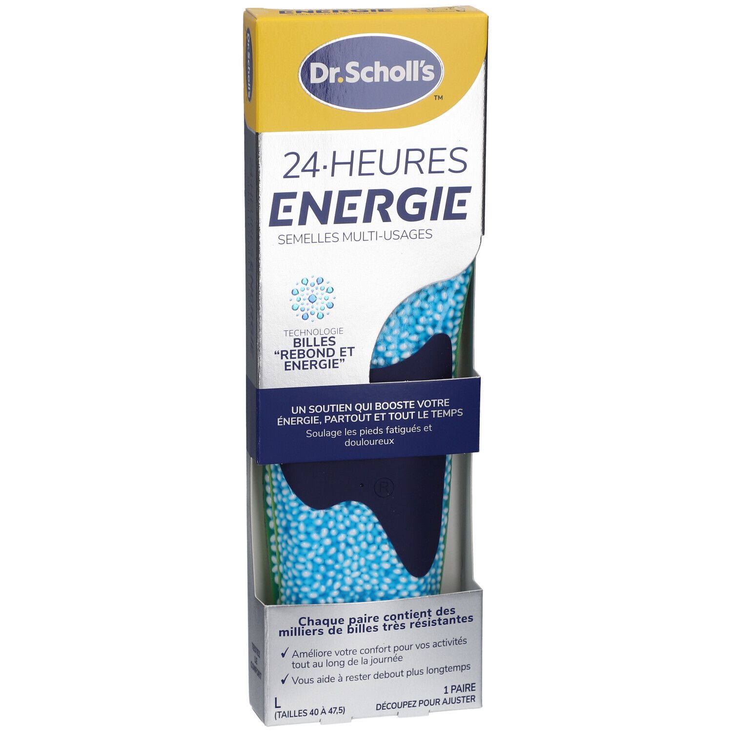 Boîte de semelles Dr. Scholl's 24-HEURES ENERGIE. Semelles bleues et vertes visibles. Texte: 'Billes rebond et énergie'.