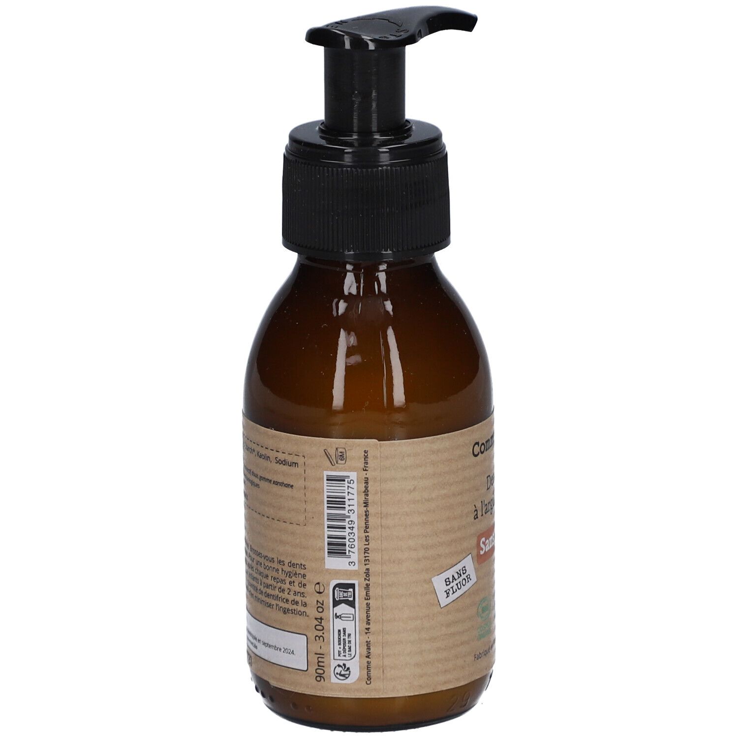 Rückseite der braunen Flasche mit schwarzem Pumpkopf. Etikett mit Text und Barcode. Vegan-Siegel und weitere Informationen.