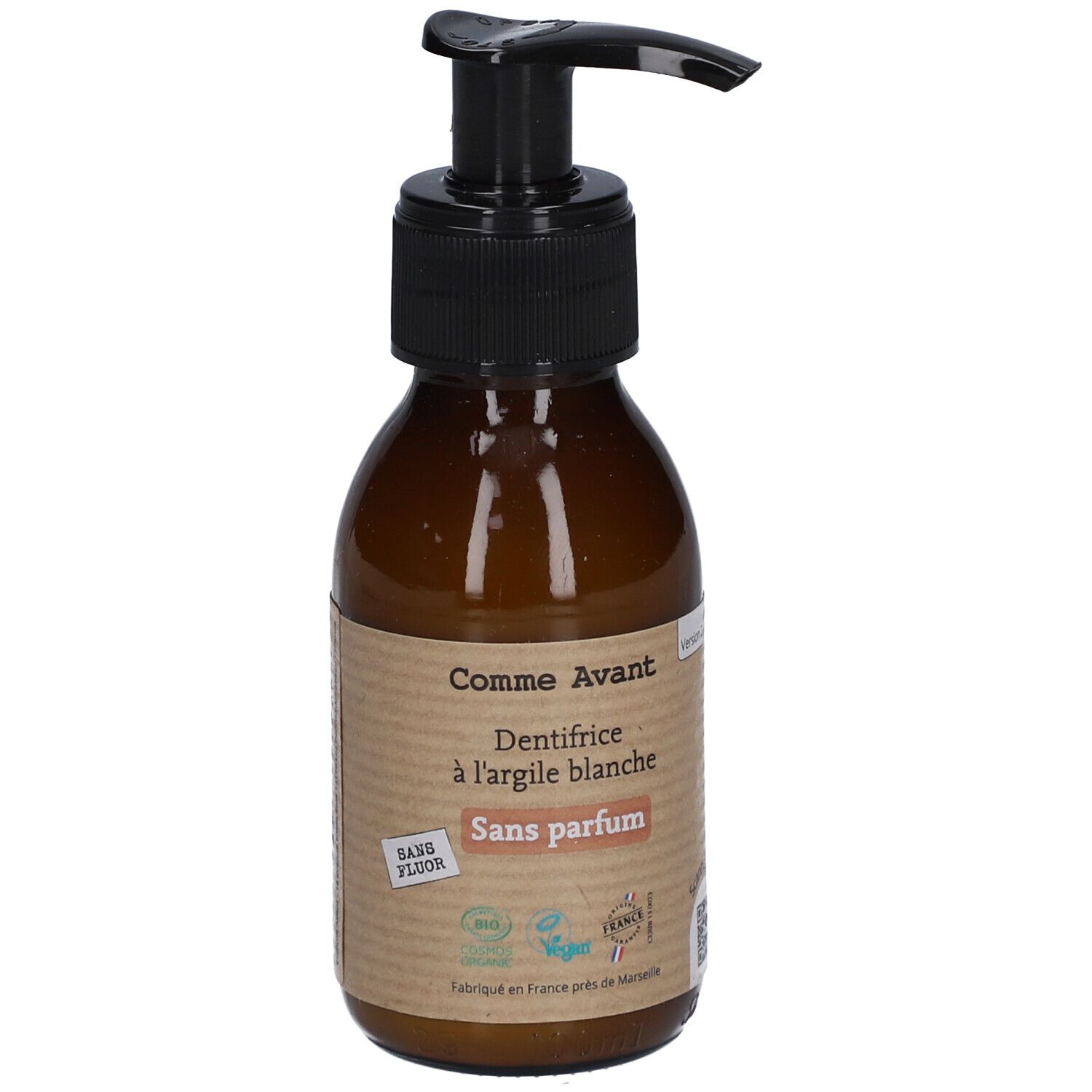 Braune Flasche mit schwarzem Pumpkopf. Etikett mit Text: Comme Avant, Dentifrice à l'argile blanche, Sans parfum. Vegan-Siegel.